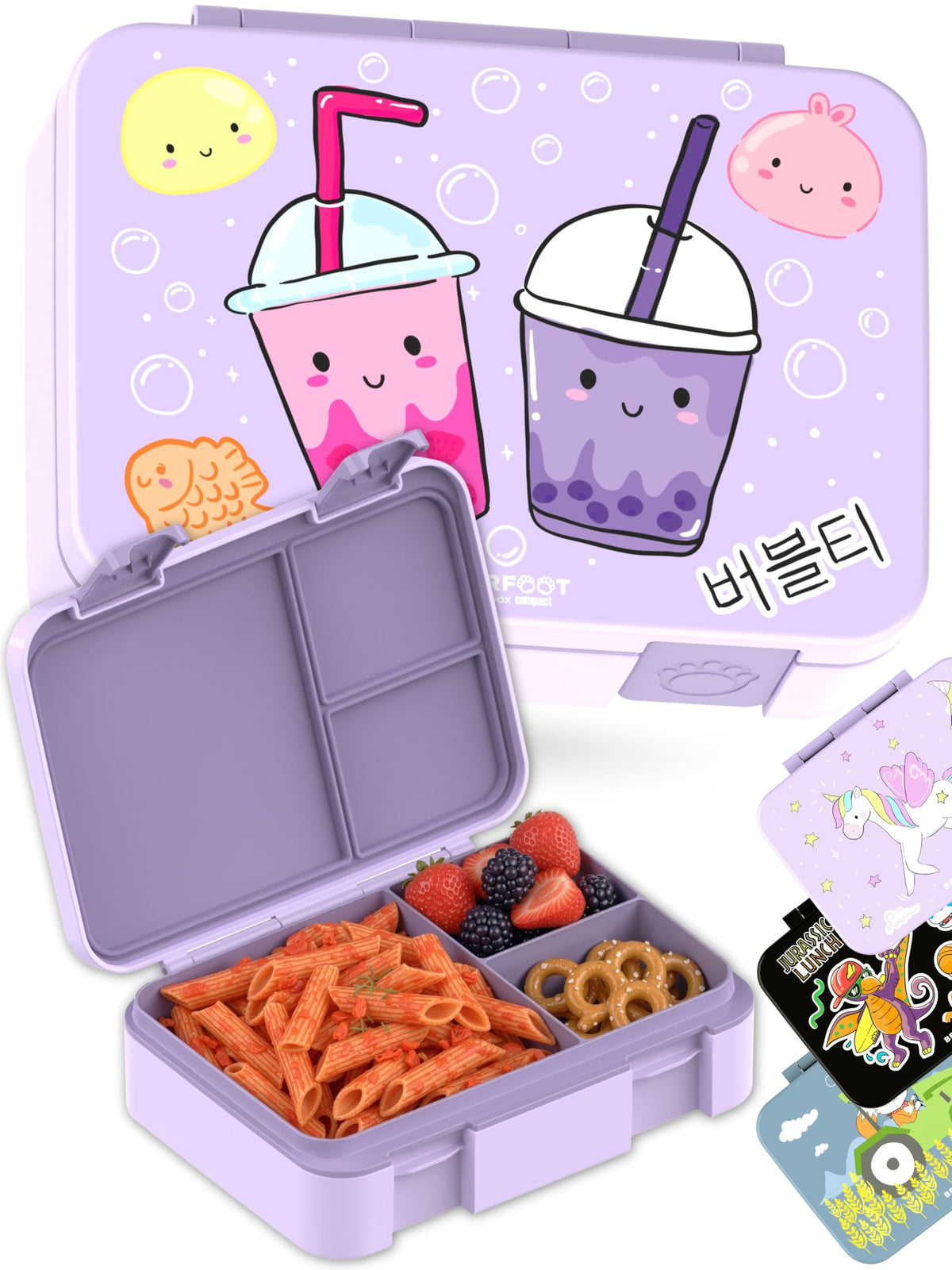 BEARFOOT Kids Lunch Box with Compartments – Compact & Lightweight | Leak-Proof, BPA-Free, Dishwasher Safe | Hand-Drawn Design for Preschool, School, Travel (Sticker Purple, 2.75 Cups)