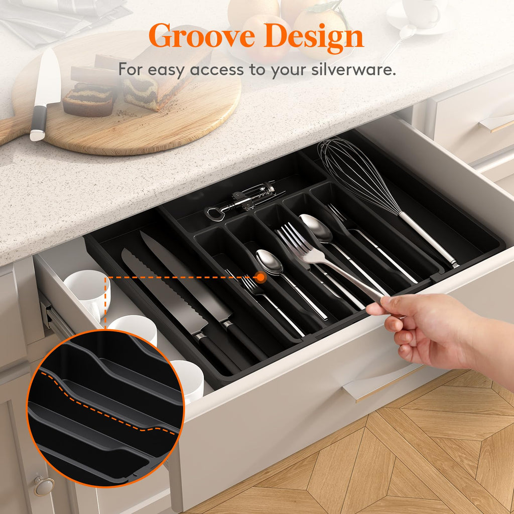 Lifewit Silverware Drawer Organizer, Expandable Utensil Tray for Kitchen, BPA Free Flatware and Cutlery Holder, Adjustable Plastic Storage for Spoons Forks Knives, 33 -57 x 42cm, Black