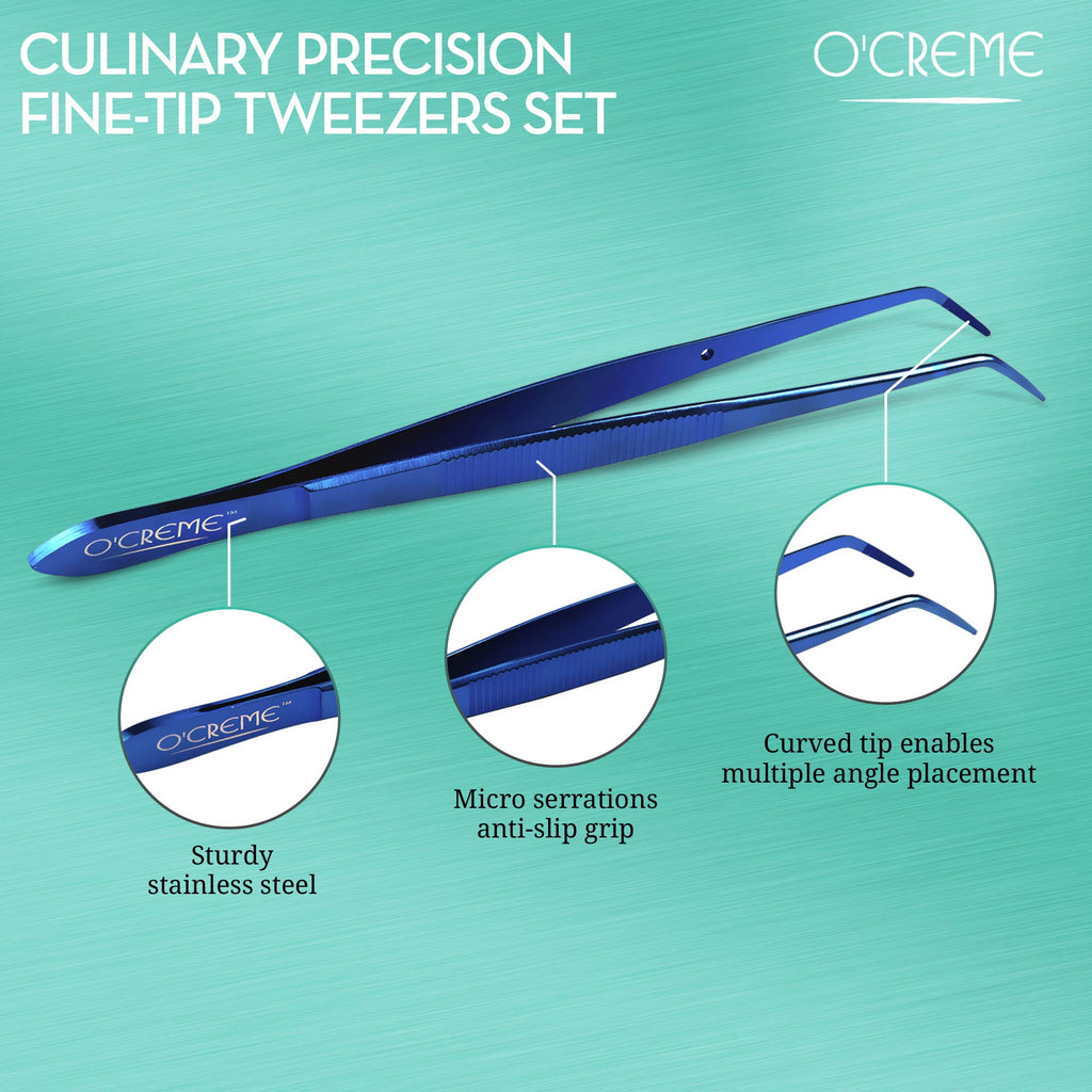 O'Creme Curved Tweezers Fine-Point Stainless Steel 6.25 Inch Blue