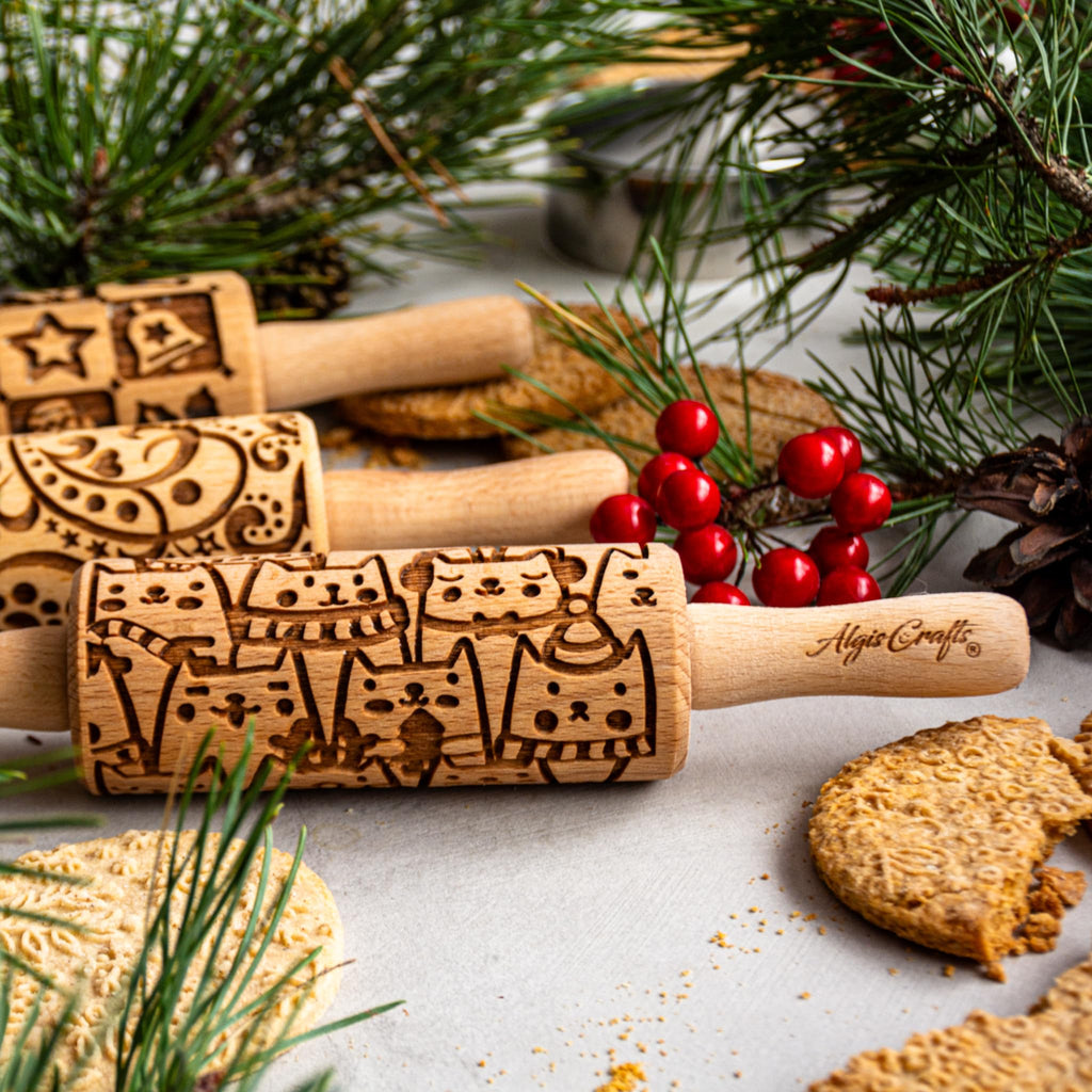 SEASONS 3 Mini Embossed Rolling Pin Set. Wooden Laser Cut Mini Rolling Pins for cookies or clay with spring flowers, tulips, daffodils, strawberries, raspberries, birch, trees by Algis Crafts