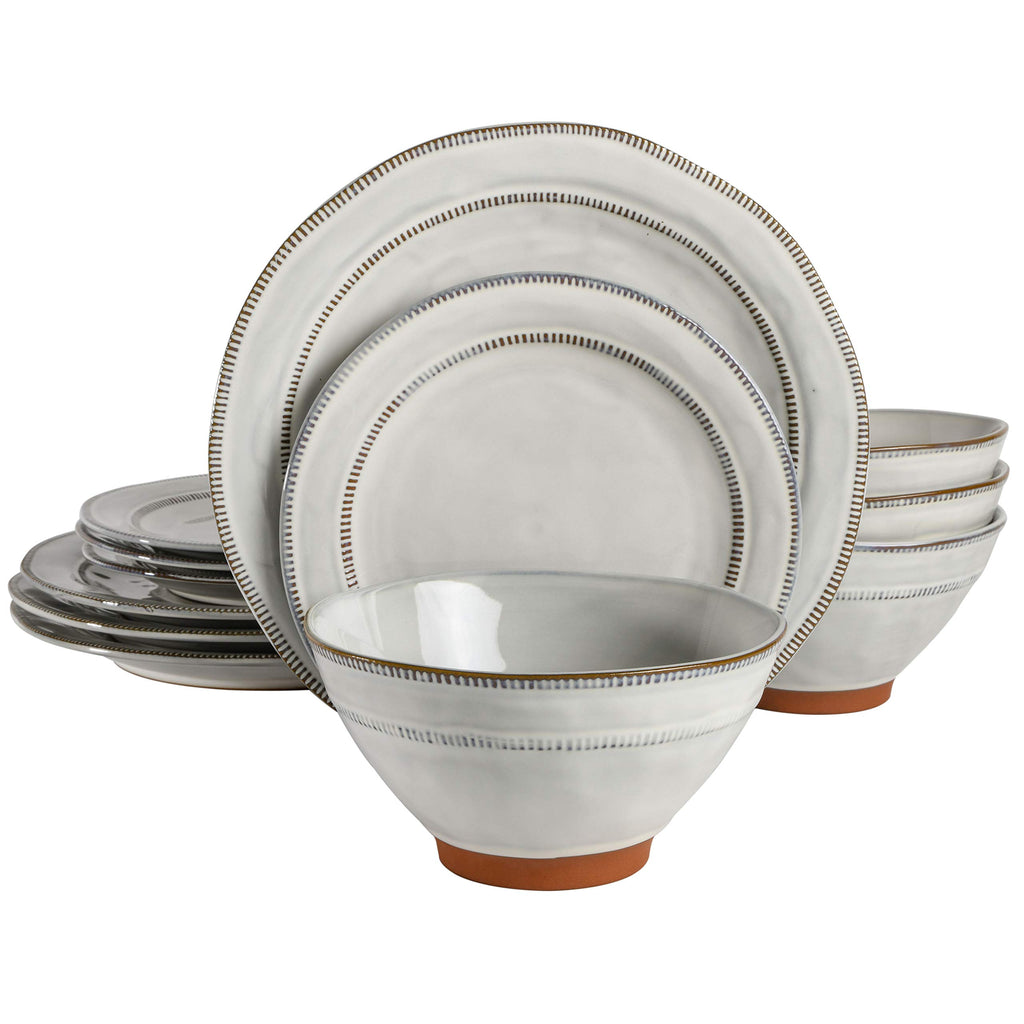Gibson Elite 12 Piece (Service for 4) Townscape Plates and Bowls Reactive Glaze Embossed Round Dishes Terracotta Ceramic Dinnerware Set - Dark Green