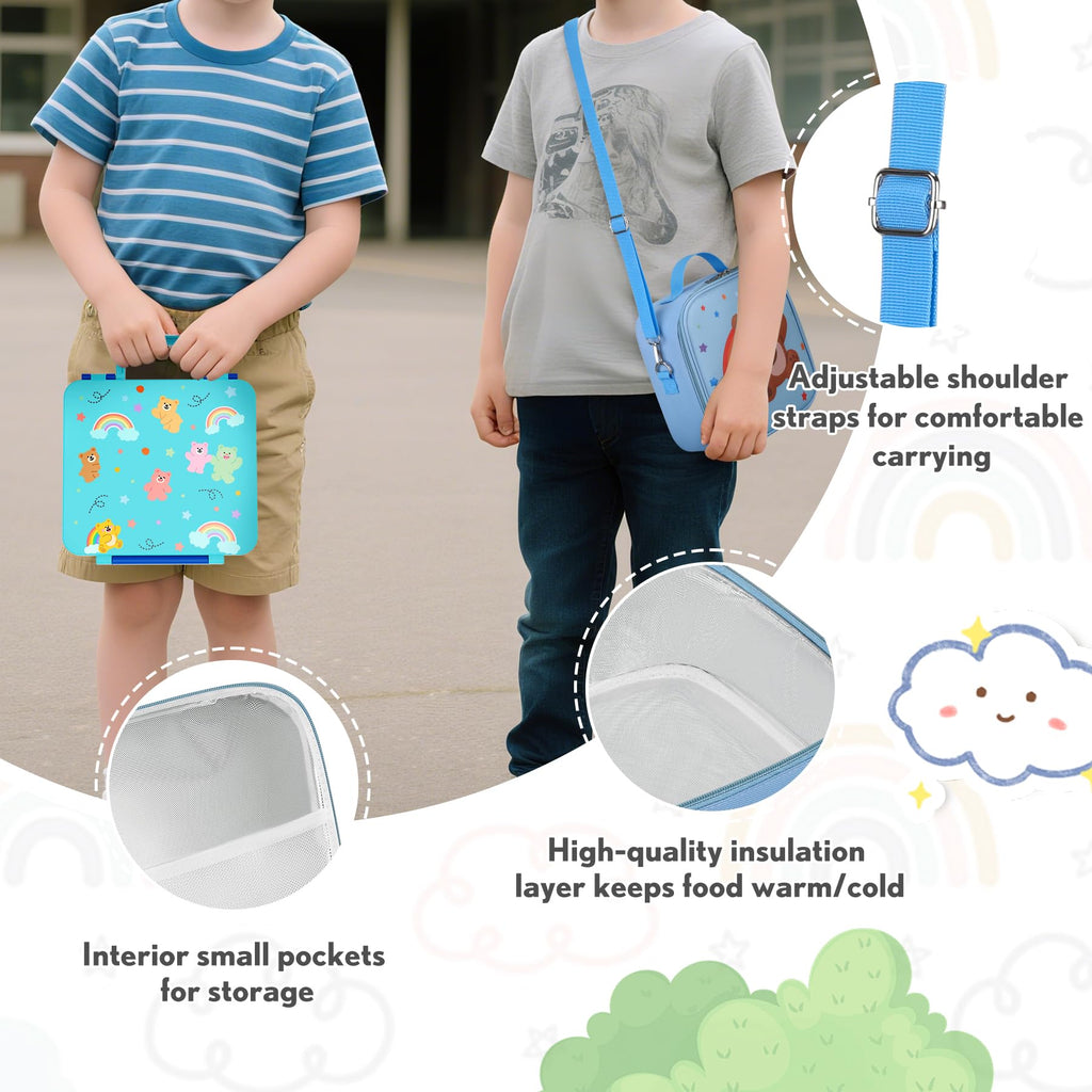 HAWEEK Lunch Box Kids with 5 Compartments, Insulated Food Jar & Utensil & Sauce Container & Lunch Bag & Silicone Collapsible Cup, Leak Proof Bento Box, BPA-Free & Dishwasher Safe-Blue
