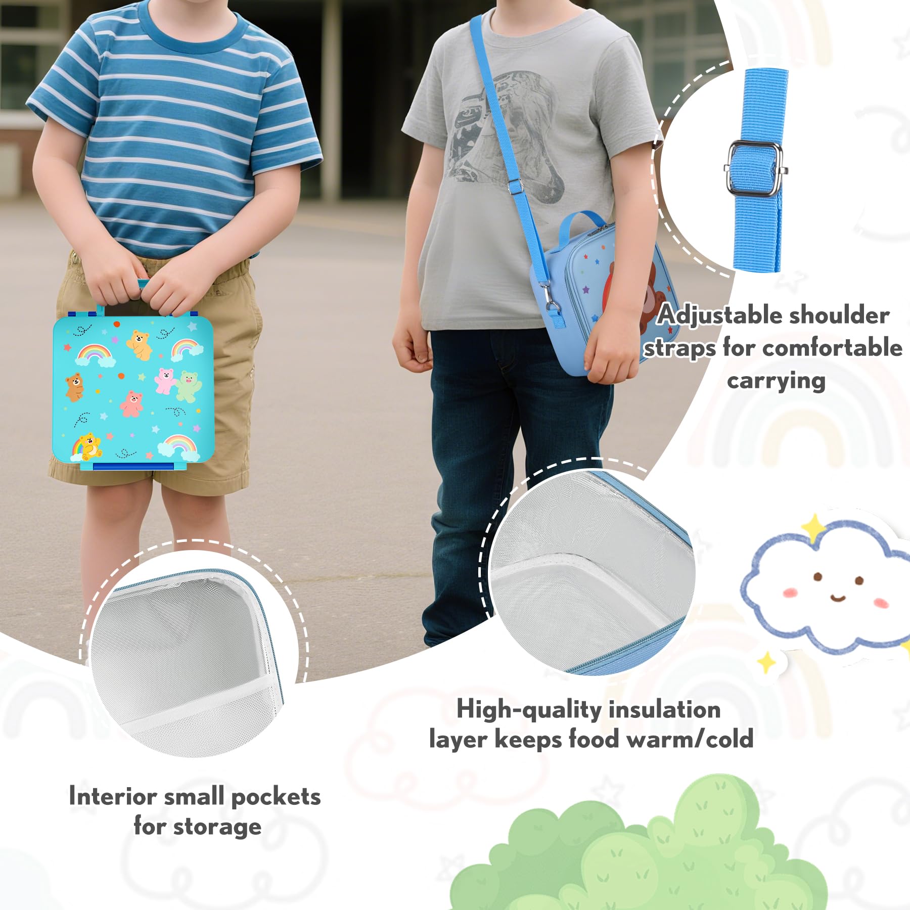 HAWEEK Lunch Box Kids with 5 Compartments, Insulated Food Jar & Utensil & Sauce Container & Lunch Bag & Silicone Collapsible Cup, Leak Proof Bento Box, BPA-Free & Dishwasher Safe-Blue
