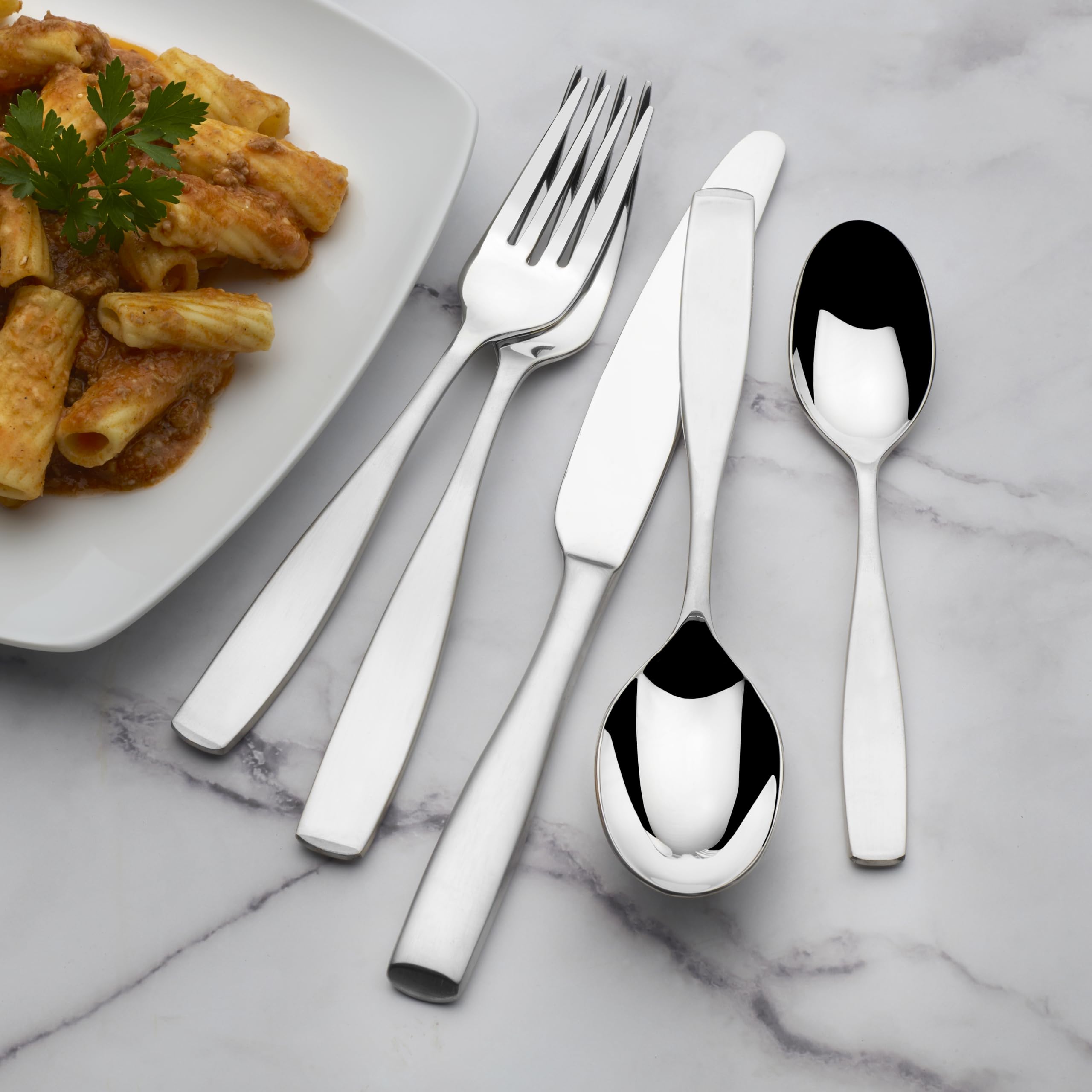 Mikasa Satin Loft 65-Piece Flatware Set, Service for 12, 18/10 Stainless Steel Silverware with Satin Finish, Includes Serving Utensils, Dishwasher Safe