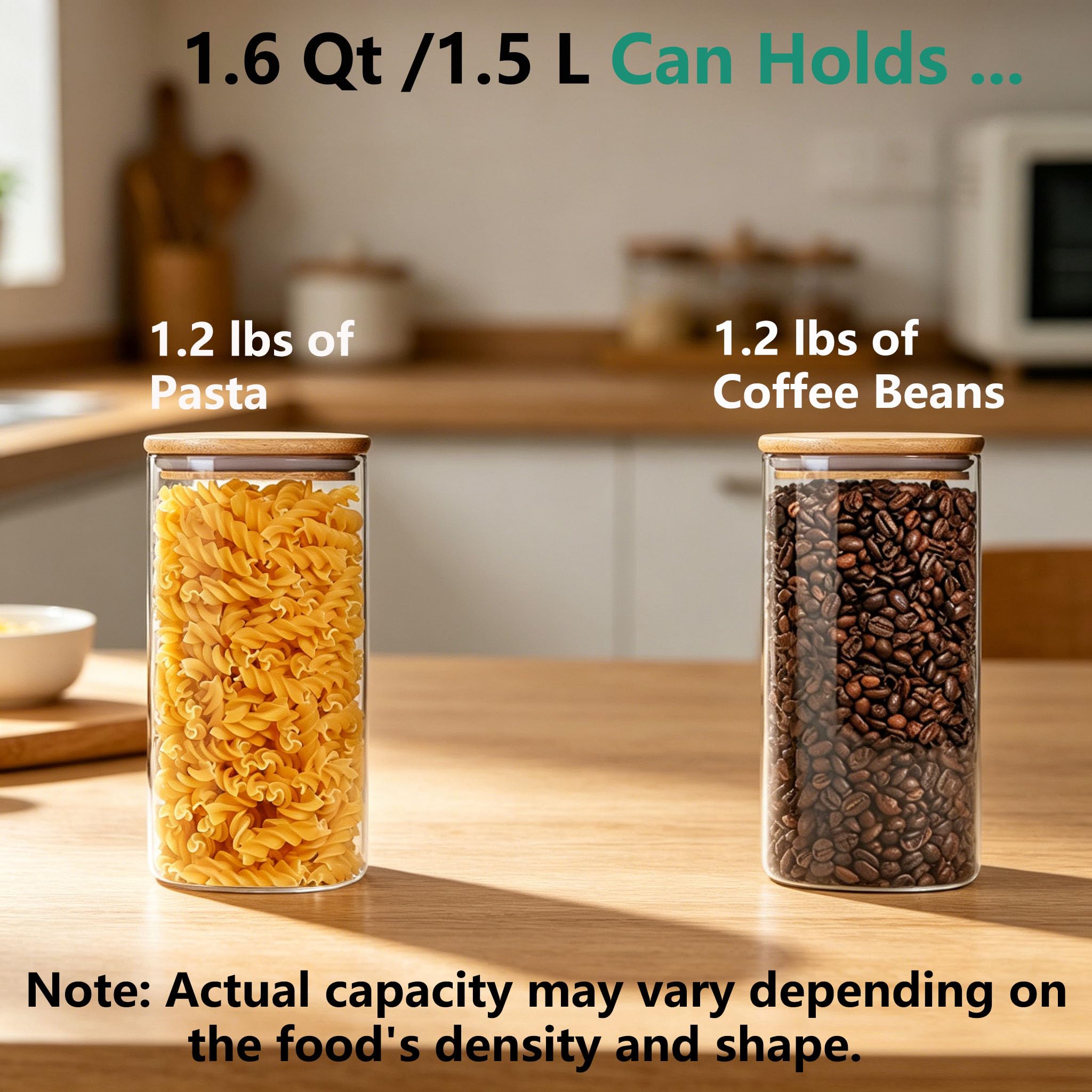 VIEWELLD 1.6 Qt Square Glass Storage Containers with Lids, Clear Food Storage Container Jar with Sealing Bamboo Lid for Noodles Flour Cereal Rice Sugar Tea Coffee Beans,Square Set of 3