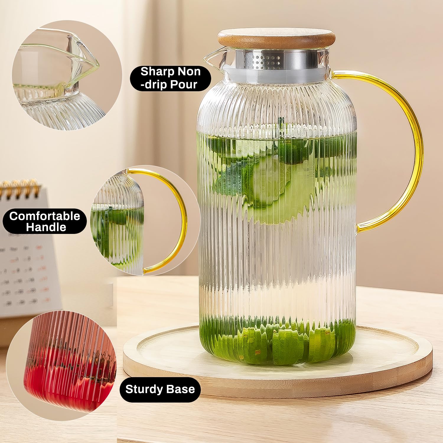 Buaic Glass Pitcher with Lid, 2 PACK 68 oz/2 Liter Vertical Water Pitcher With Serving Tray, Clear Borosilicate Glass Water Carafe for Cold Brew, Coffee, Lemonade, Iced Sun Tea,Beverage,Heat Resistant