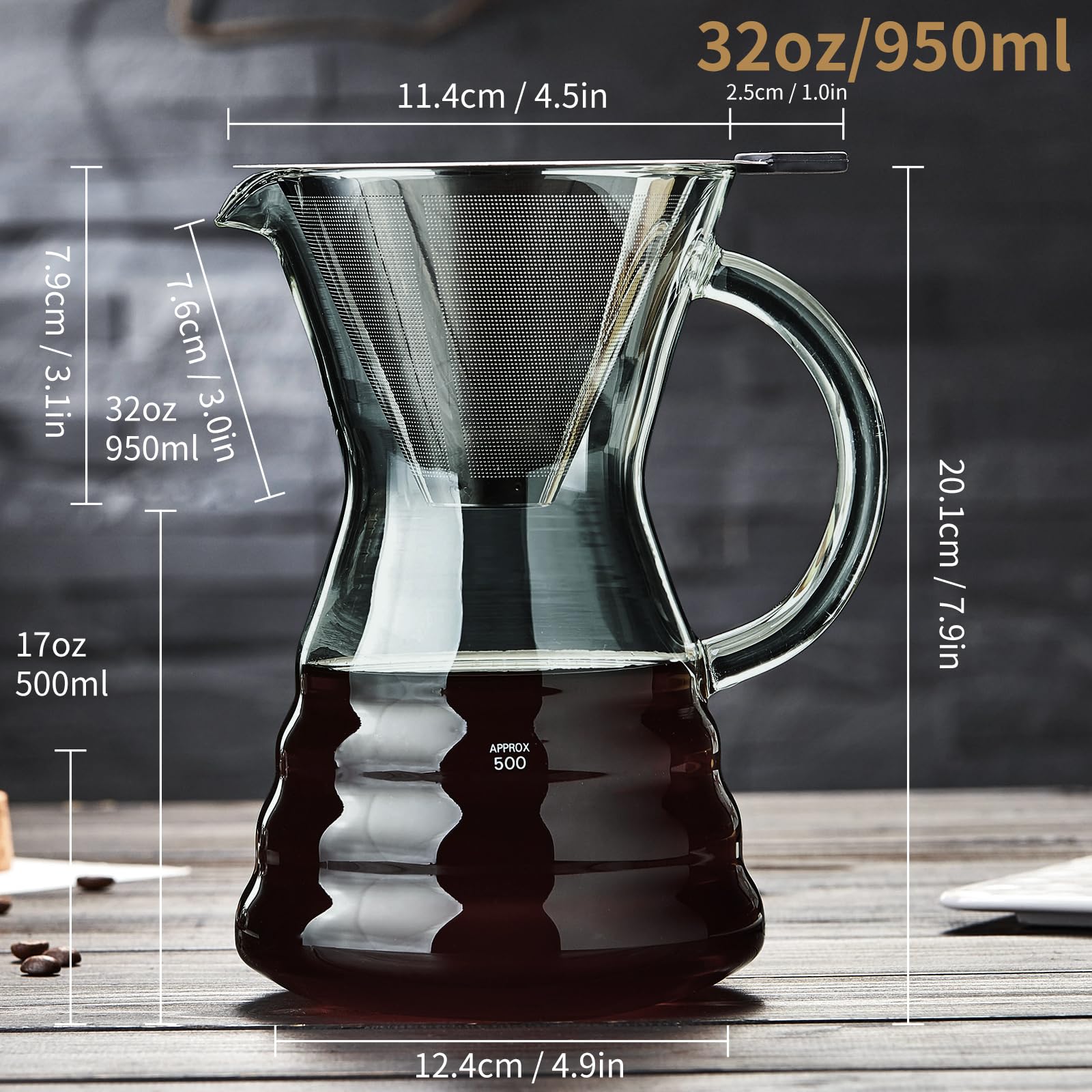 Unbreakable - Pour Over Coffee Maker with Permanent Stainless Filter 27 fl oz, Thickened Heat-Resistant Borosilicate Glass Dripper Coffee Brewer, Stovetop Safe, Ink