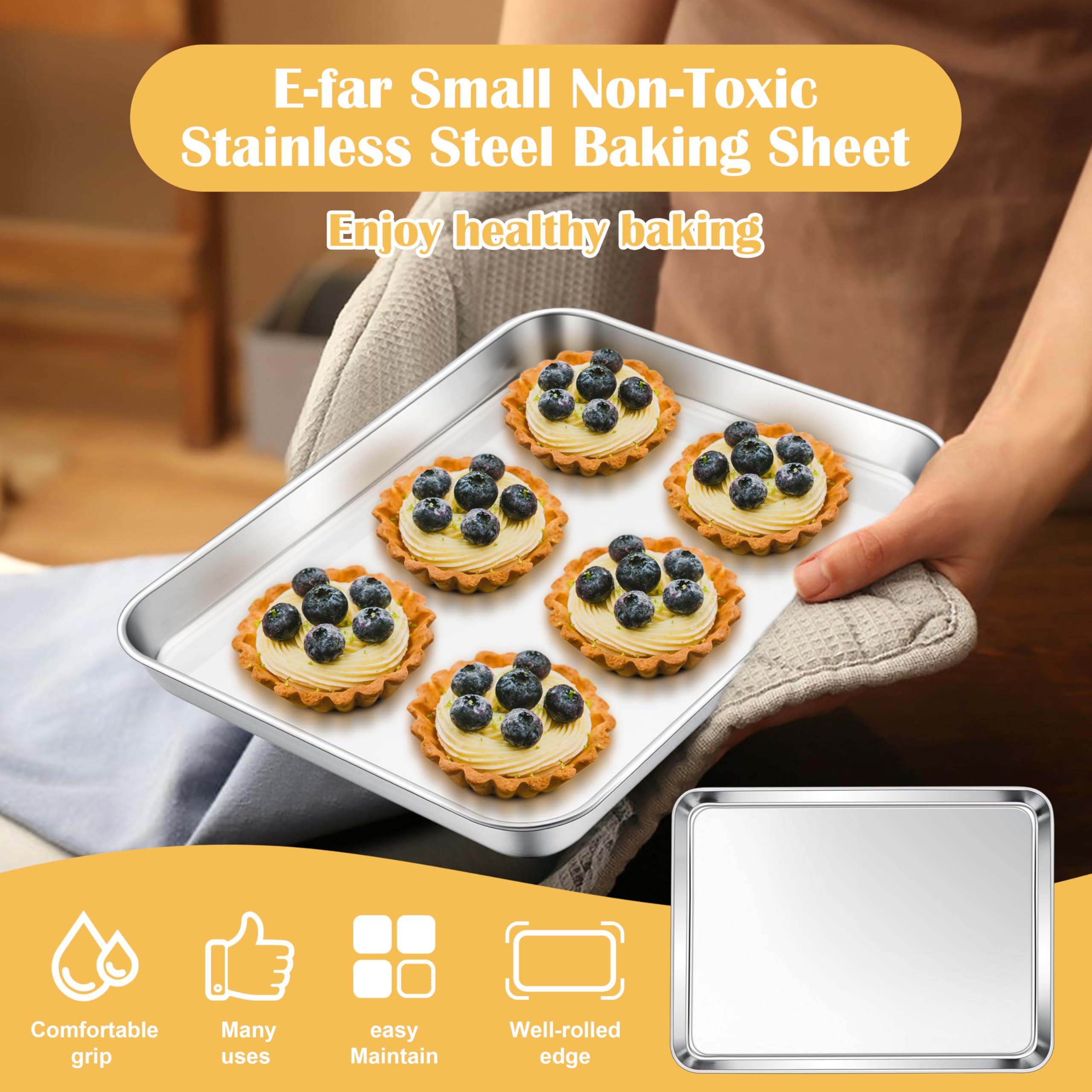E-far 10.5” x8.3” Baking Sheet Set of 2, Stainless Steel Toaster Oven Tray