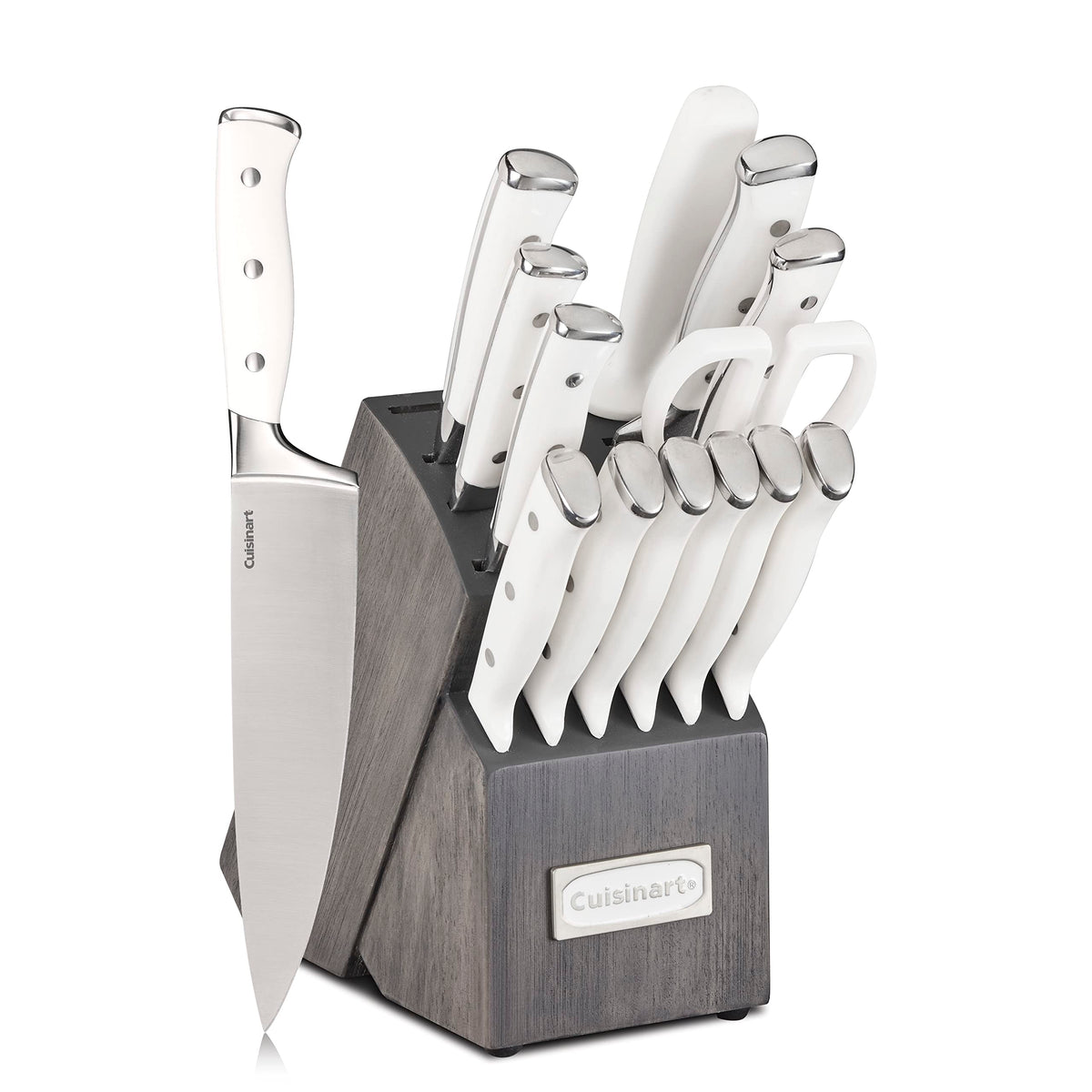 Cuisinart 15-Piece Knife Set with Block, High Carbon Stainless Steel, Forged Triple Rivet, White, C77WTR-15P