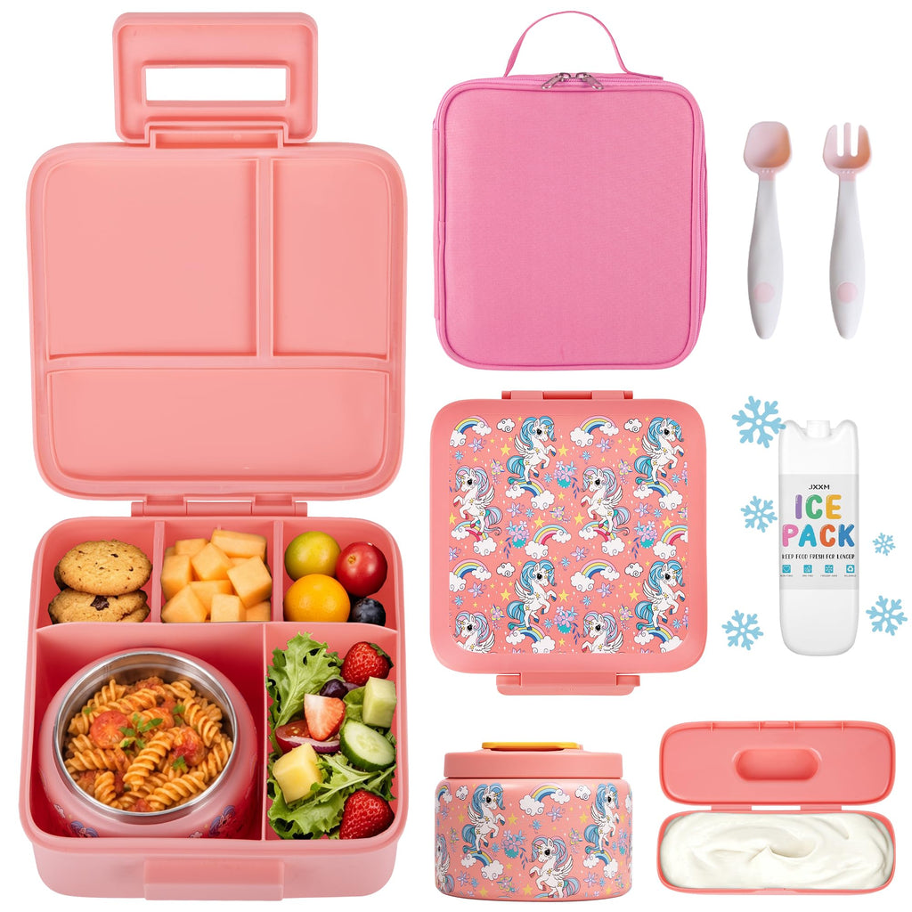 JXXM Bento Lunch Box for Kids With 8oz Soup thermo,Leak-proof Lunch Containers with 5 Compartment,thermo Food Jar and Lunch Bag, Food Containers for School (A-Blue(Dinosaur))