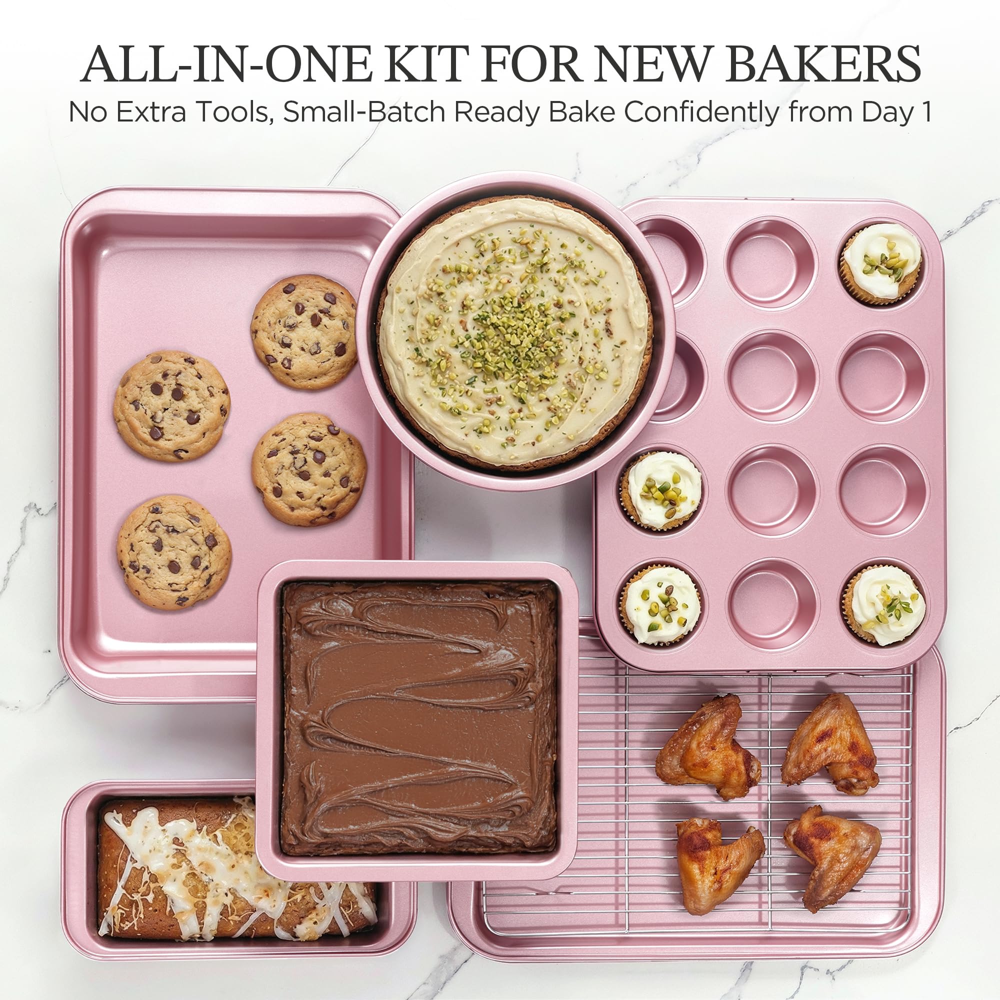 KITESSENSU Baking Pans Sets, Nonstick Bakeware Sets 19-Piece with Round/Square Cake Pan, Loaf Pan, Muffin Pan, Cookie Sheet, Roast Pan, Cooling Rack, Carbon Steel Bake Set Pink