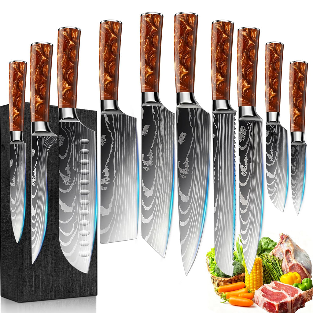 FIVE COWS 10-Piece Premium Japanese Kitchen Knife Set - Star Collection, Laser Damascus Pattern, 440A Stainless Steel Ultra Sharp for Fast Cutting (Red)