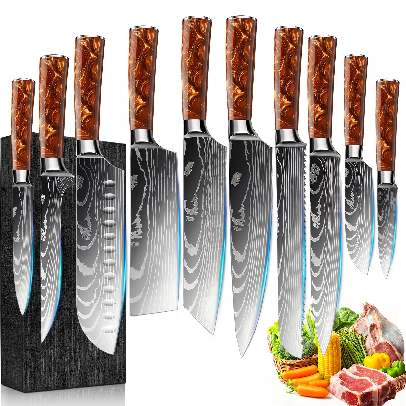 FIVE COWS 10-Piece Premium Japanese Kitchen Knife Set - Star Collection, Laser Damascus Pattern, 440A Stainless Steel Ultra Sharp for Fast Cutting (Red)