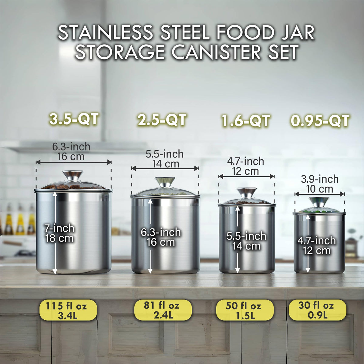 Cooks Standard Airtight Kitchen Canister Set for Coffee, Flour & Sugar Storage – Stainless Steel Food Storage Containers with Glass Lid – Pantry Organization Jars, 4 Pack