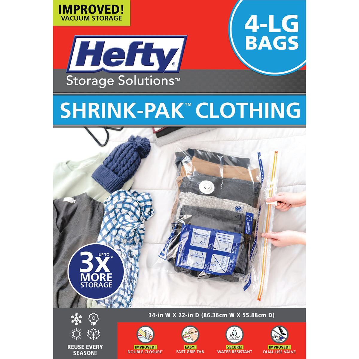 Hefty Shrink-Pak Starter Kit - 2 Large, 1 XL Cube, 1 Jumbo Vacuum Seal Storage Bag and Hand Pump – Space Saver Bags for Clothing, Pillows, Towels, or Blankets, 5 Pc Set