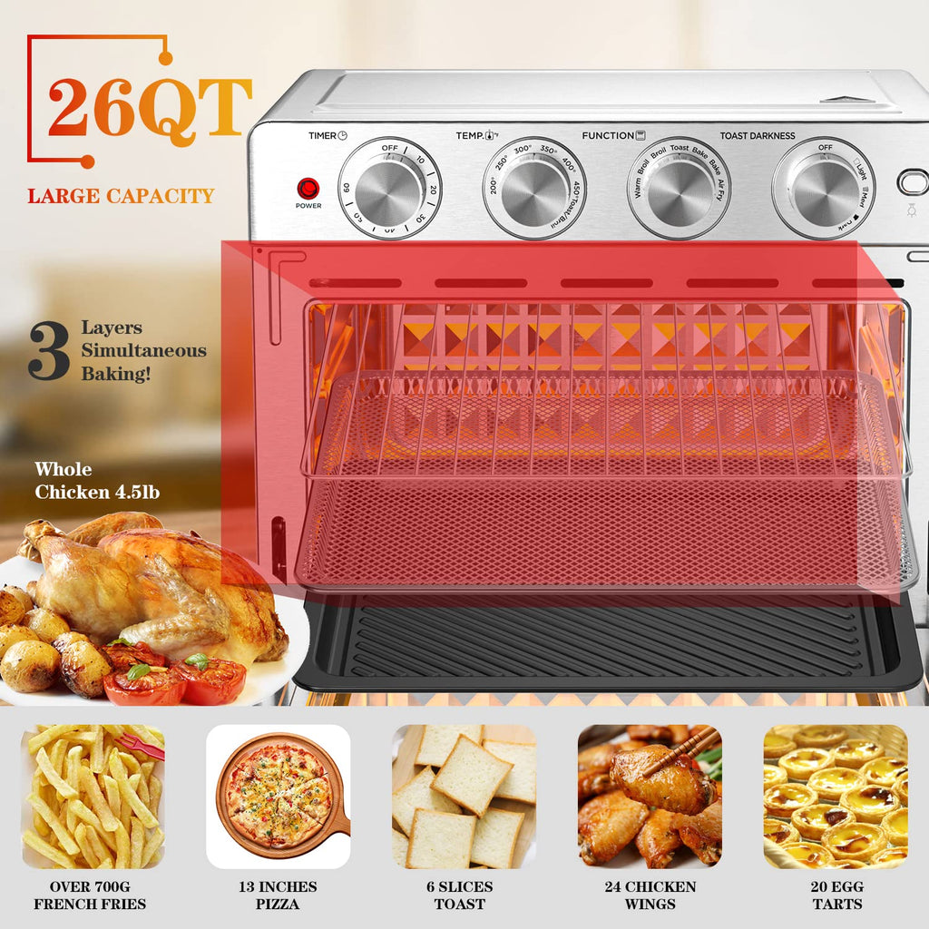 Geek Chef Air Fryer Toaster Oven 26 QT, Large AirFryer Convection Countertop Oven Combo with Easy Bake, Roast, Broil, Warm, 6 Slice Toast 7-in-1 Functions, 3 Layers with 4 Accessories,Stainless Steel