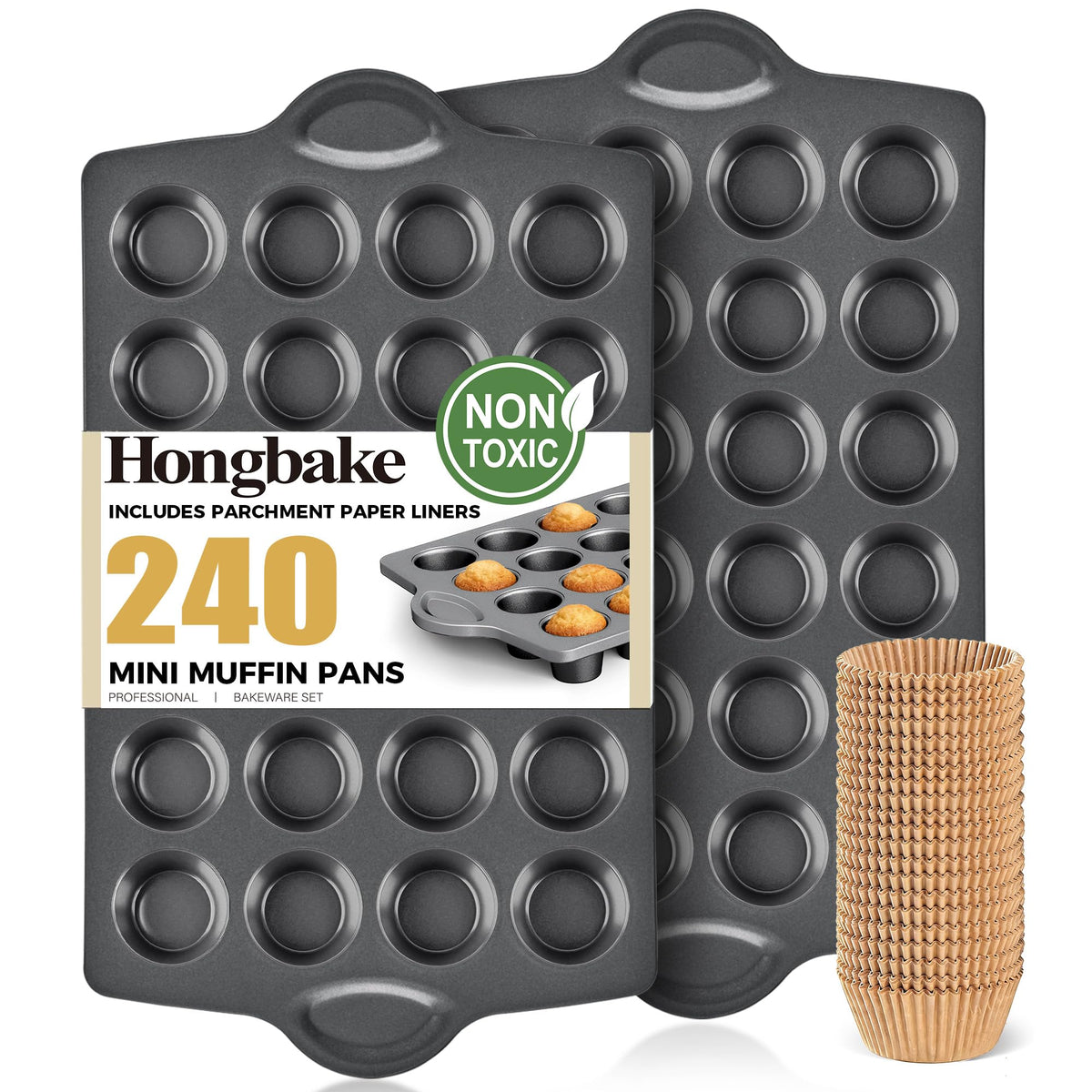 HONGBAKE Muffin Pans for Baking, Nonstick Cupcake Tin with 120 Parchment Liners, 2 Pack 12 Cup Premium Cheesecake Trays - Gray
