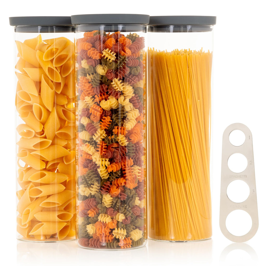The Hazel Pantry Glass Spaghetti Kitchen Storage Containers with Airtight Silicone Lids, BPA-Free Pantry Glass Storage Jars with Airtight Lid for Pasta and Dry Foods - Set of 3 with Portion Tool