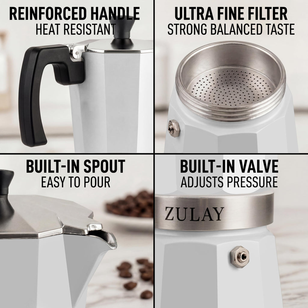 Zulay Moka Pot Espresso Stovetop Coffee Maker - Leak-Proof, Stainless Steel, Easy to Clean, Heat Resistant Handle & Knob - for Authentic Cuban & Italian Style Espresso - Makes 12 Espresso Cups - White