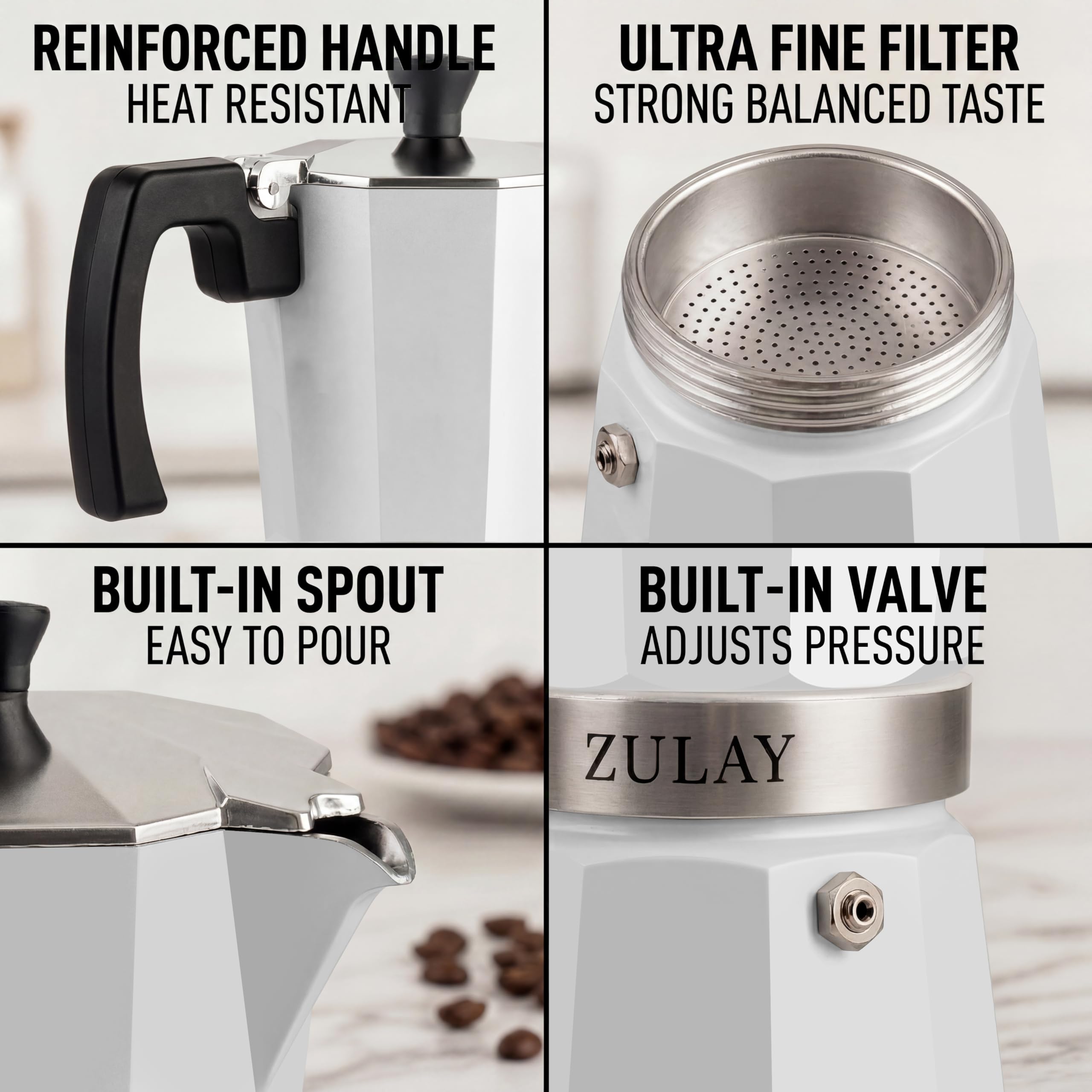 Zulay Moka Pot Espresso Stovetop Coffee Maker - Leak-Proof, Stainless Steel, Easy to Clean, Heat Resistant Handle & Knob - for Authentic Cuban & Italian Style Espresso - Makes 12 Espresso Cups - White