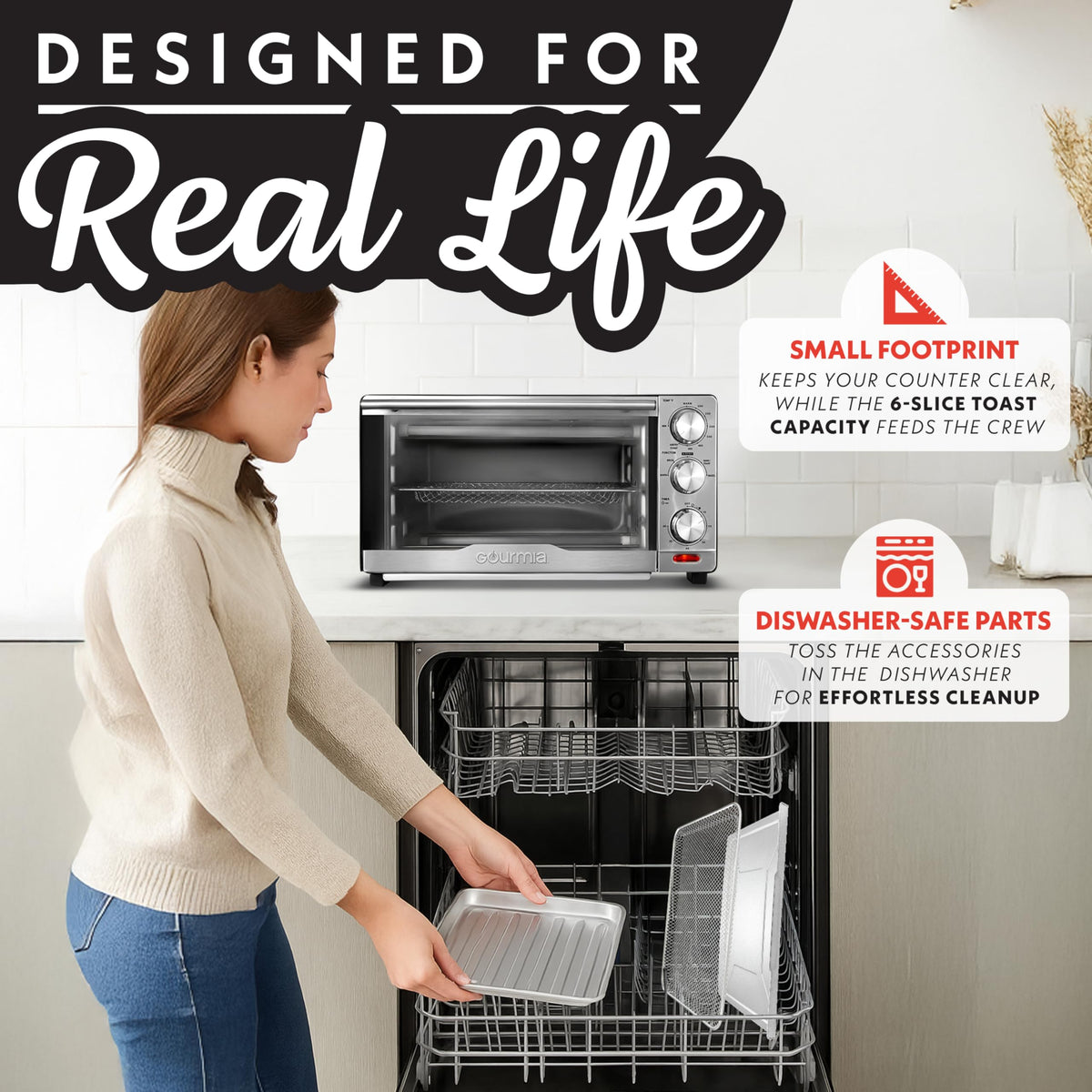 Gourmia Air Fryer Toaster Combo - 6-in-1 Multi-function Countertop Oven Adjustable Temperature & Timer, Fry Basket, Baking Pan, Oven Rack & Pullout Crumb Tray, Stainless Steel