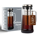 BrewMOO- Airtight Cold Brew Coffee Maker Pitcher, 1.0L/34Oz Thick Glass Carafe with Filter, Comfort Sturdy Handle & Wide Spout, Non-Slip Base | Iced Tea Maker (Black)