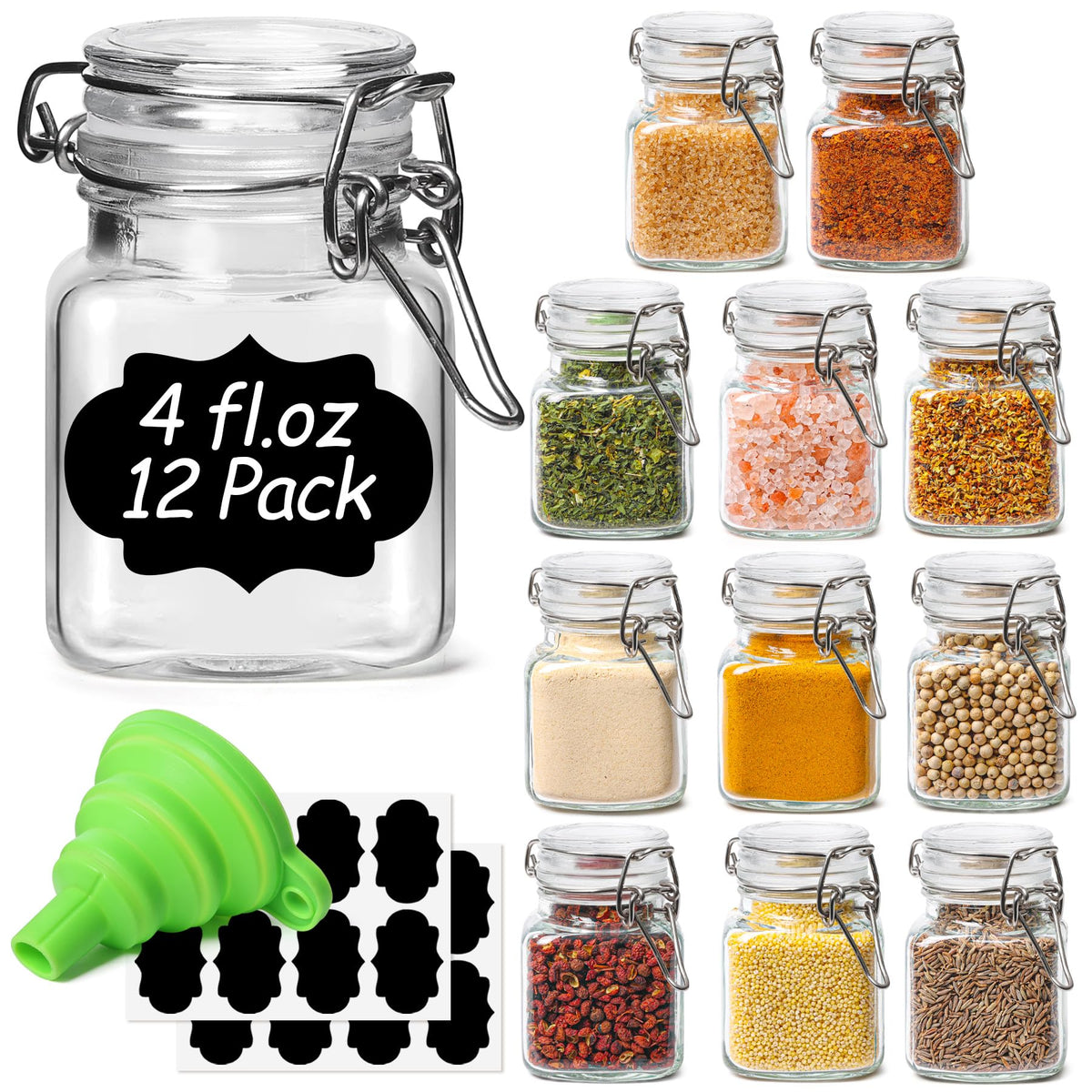 ComSaf Square Small 8 oz Glass Spice Jars with Airtight Lids 6 Pack Pantry