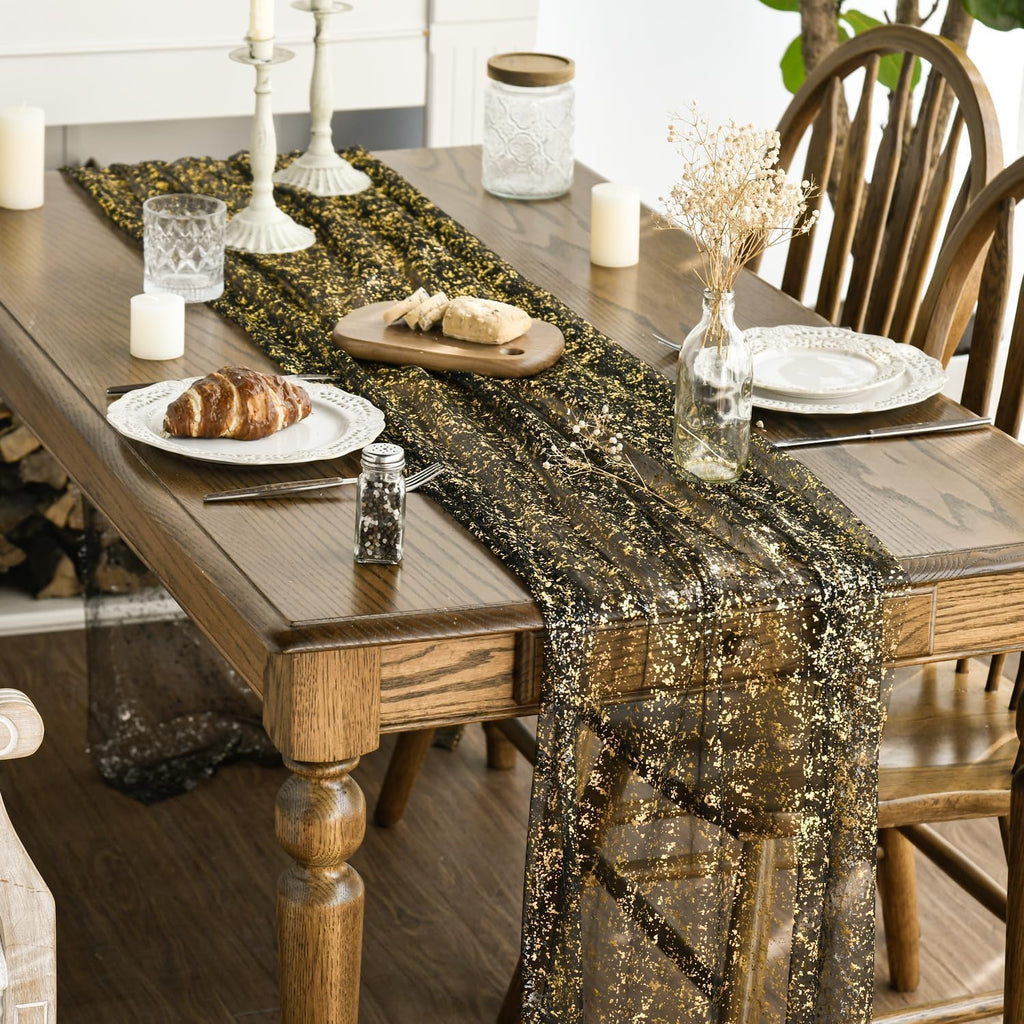 Artoid Mode 6Pcs Black Gold Gauze Table Runner 120 Inch 10FT, Glitter Metallic Foil Sheer Dining Wedding Anniversary Holiday Birthday Table Decor for Home Party