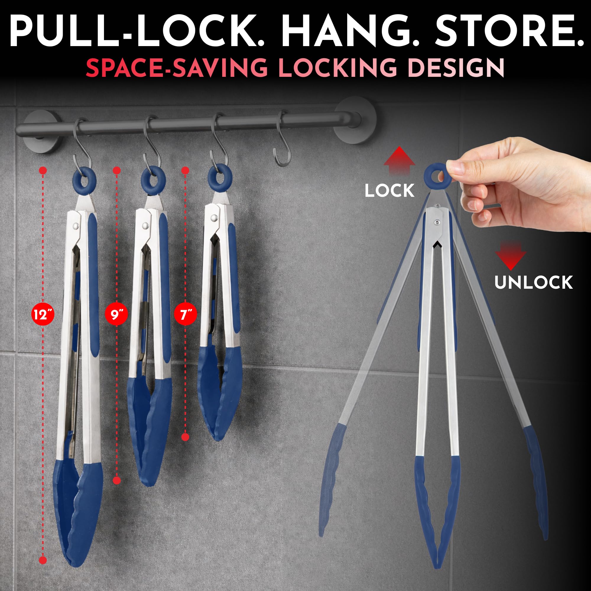 Kitchen Tongs - 12, 9 & 7 Inch Locking Silicone Tongs for Cooking, Set of 3