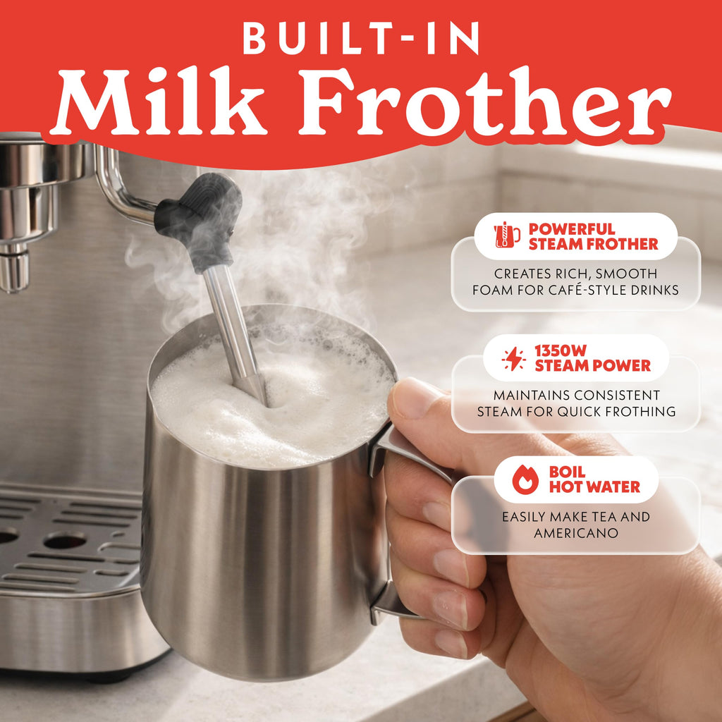 Gourmia Slim Espresso Machine with LCD Screen - Milk Frother, Adjustable Temperature, Manual & Auto Brew, Single/Double Shot, Hot Water Dispenser, Descaling Mode, Compact