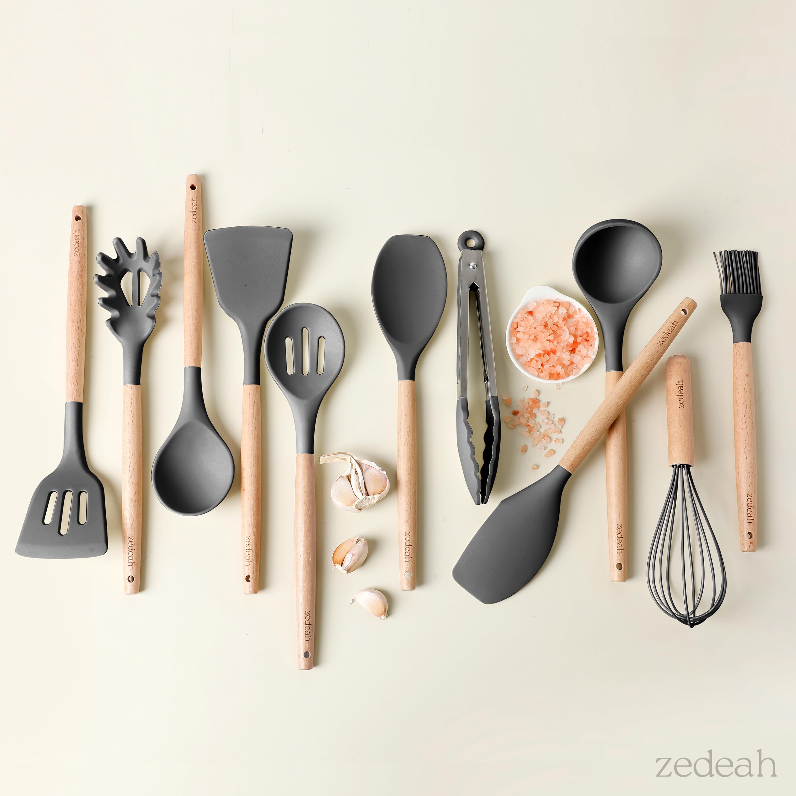 ZEDEAH 11-Piece Silicone Kitchen Utensils Set with Non Toxic Spatula, Tongs, Whisk, Turner & Ladle – Heat Resistant, Non-Scratch Cooking Tools with Wooden Handles, BPA-Free, Dishwasher Safe (Black)