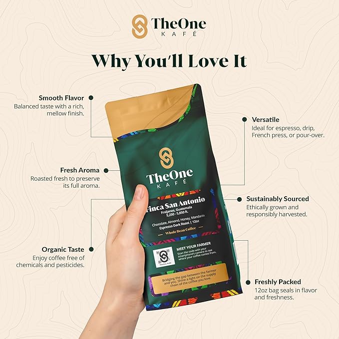TheOne Kafé Guatemala Dark Roast Whole Bean Coffee – Organic, Single Origin, Premium Specialty Coffee and Ethically Sourced – Fresh Roasted for Espresso, Drip, Pour Over – 12 oz (Pack of 2)