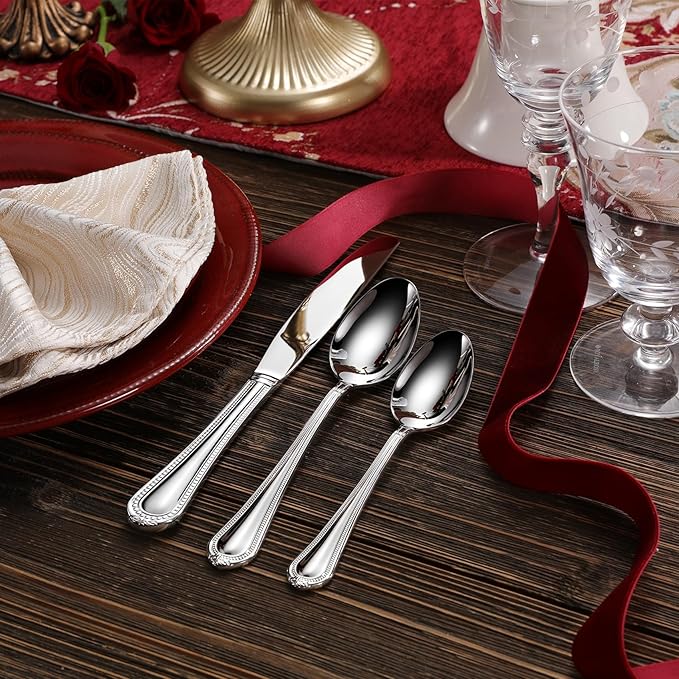 KEAWELL Pearl Edge Premium 65-Piece Refined Bead Silverware Set, 18/10 Stainless Steel, Service for 12, Fine Flatware Set with Serving Utensils, Dishwasher Safe (65, Silver)
