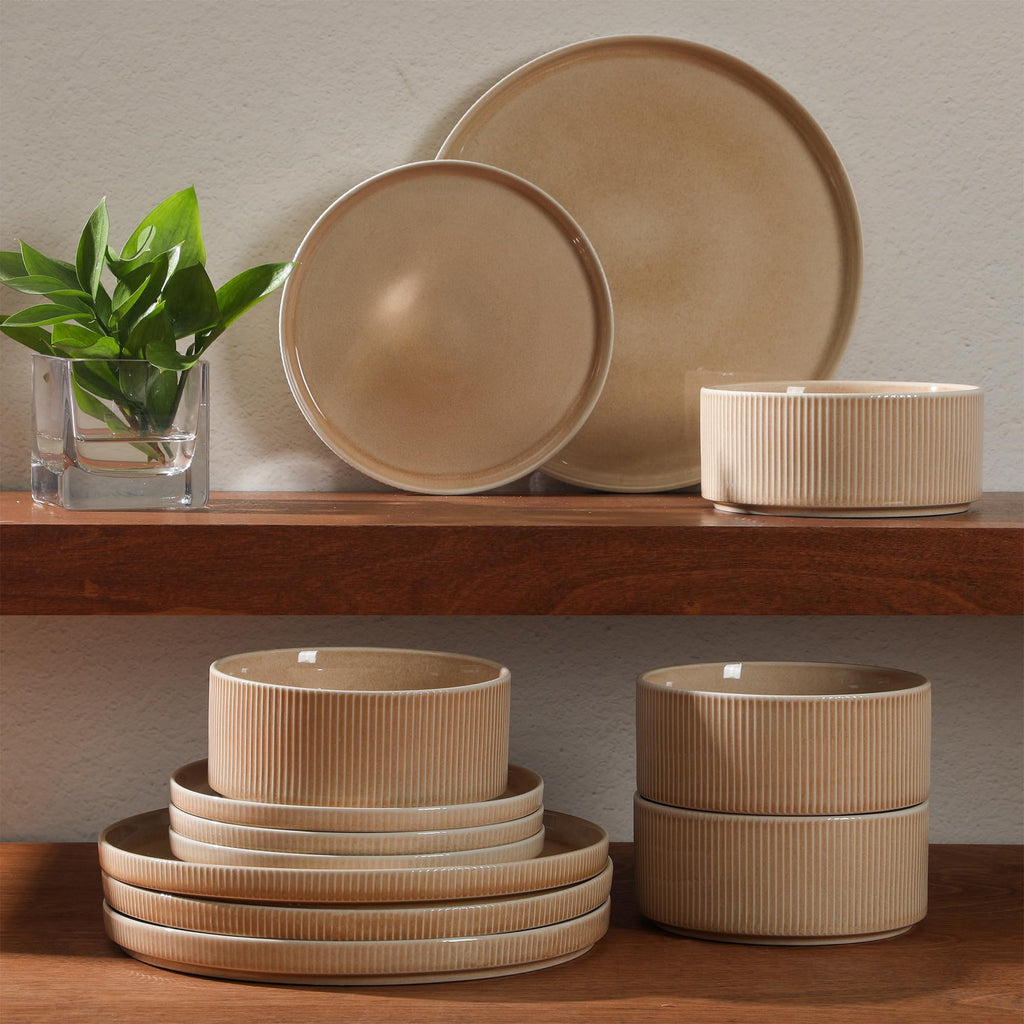 Gibson Elite Solana Coast 12 Piece Stoneware Reactive Glaze (Service for 4) Ceramic Plates and Bowls Modern Shape Embossed Dinnerware Set - Terracotta Orange