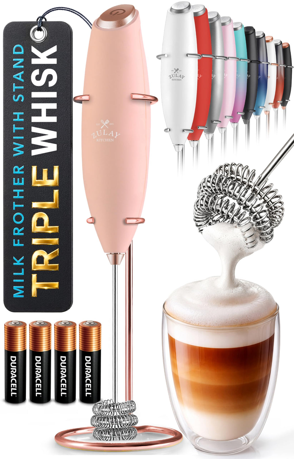 Zulay Kitchen Powerful Milk Frother Wand With Duracell Batteries - Ultra Fast Handheld Drink Mixer - Electric Whisk Foam Maker for Coffee, Lattes, Cappuccino & Matcha - Z1 Motor - Aqua