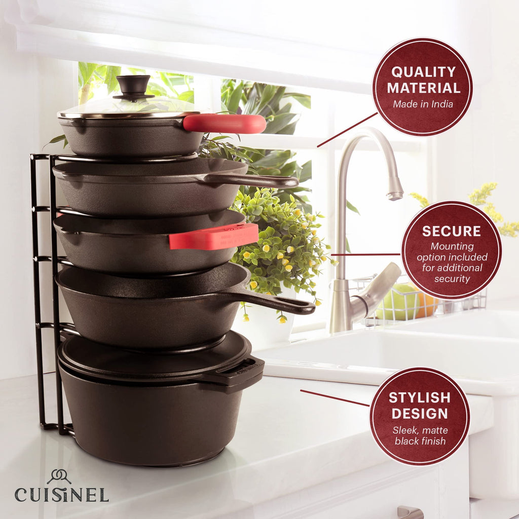 Cuisinel Pan Organizer for Cast Iron, 60-100LB, Extra Large 5-Tier Rack, Matte Black 15.9"