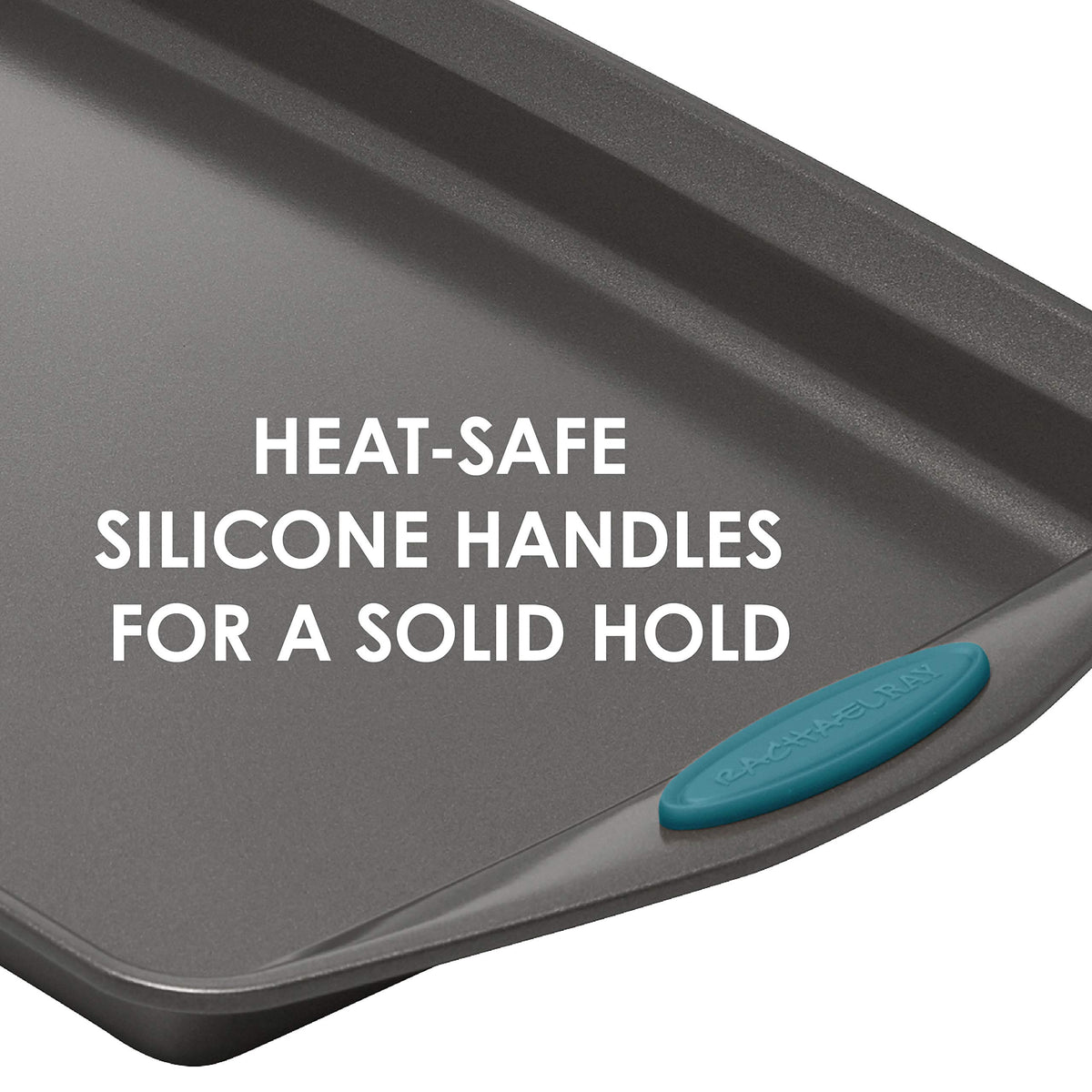 Rachael Ray 47021 Nonstick Bakeware Set with Grips includes Nonstick Baking Pans, Baking Sheet and Nonstick Bread Pan - 5 Piece, Gray with Marine Blue Handles