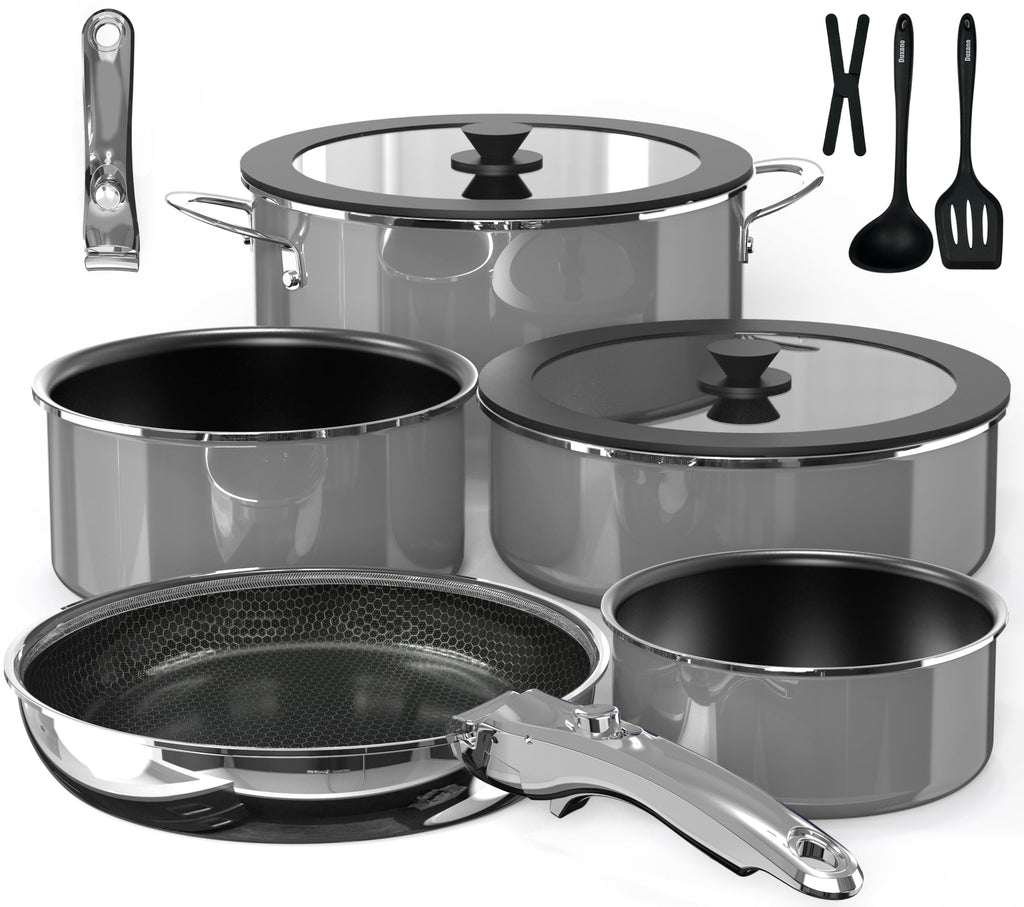 DUXANO Pro Ceramic Pots and Pans Set & 2026 Upgraded Hybrid 3-Ply Frypan, 2X Non Stick, 1.5 & 2QT Saucepans w/Lid, PFAS PTFE PFOA Free Non Toxic Induction Cookware, Removable Handles, Oven Safe, 12PC