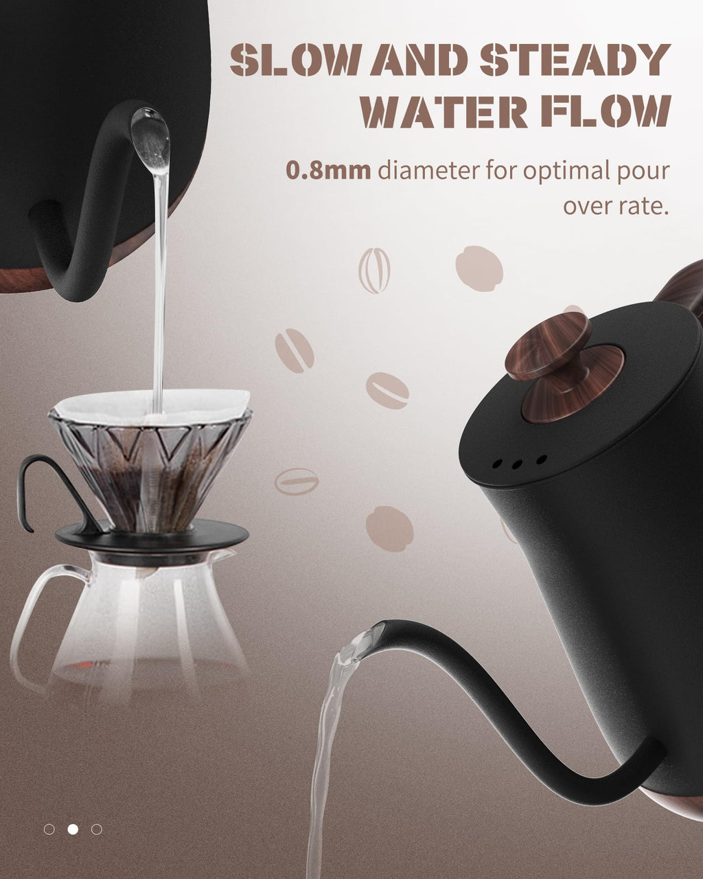 Keebar Gooseneck Electric Kettle - Stainless Steel Pour Over with Auto Shut Off, 0.8L Capacity, 1000W Quick Heating, Design with Elegant Handle, Matte Black with Walnut, Manual, (XH-W081-BW)