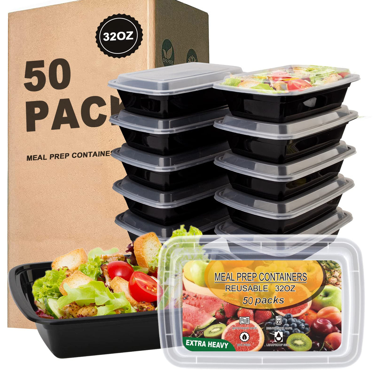 Ezalia 50 Pack- Meal Prep Containers 38oz, Plastic Food Prep Containers