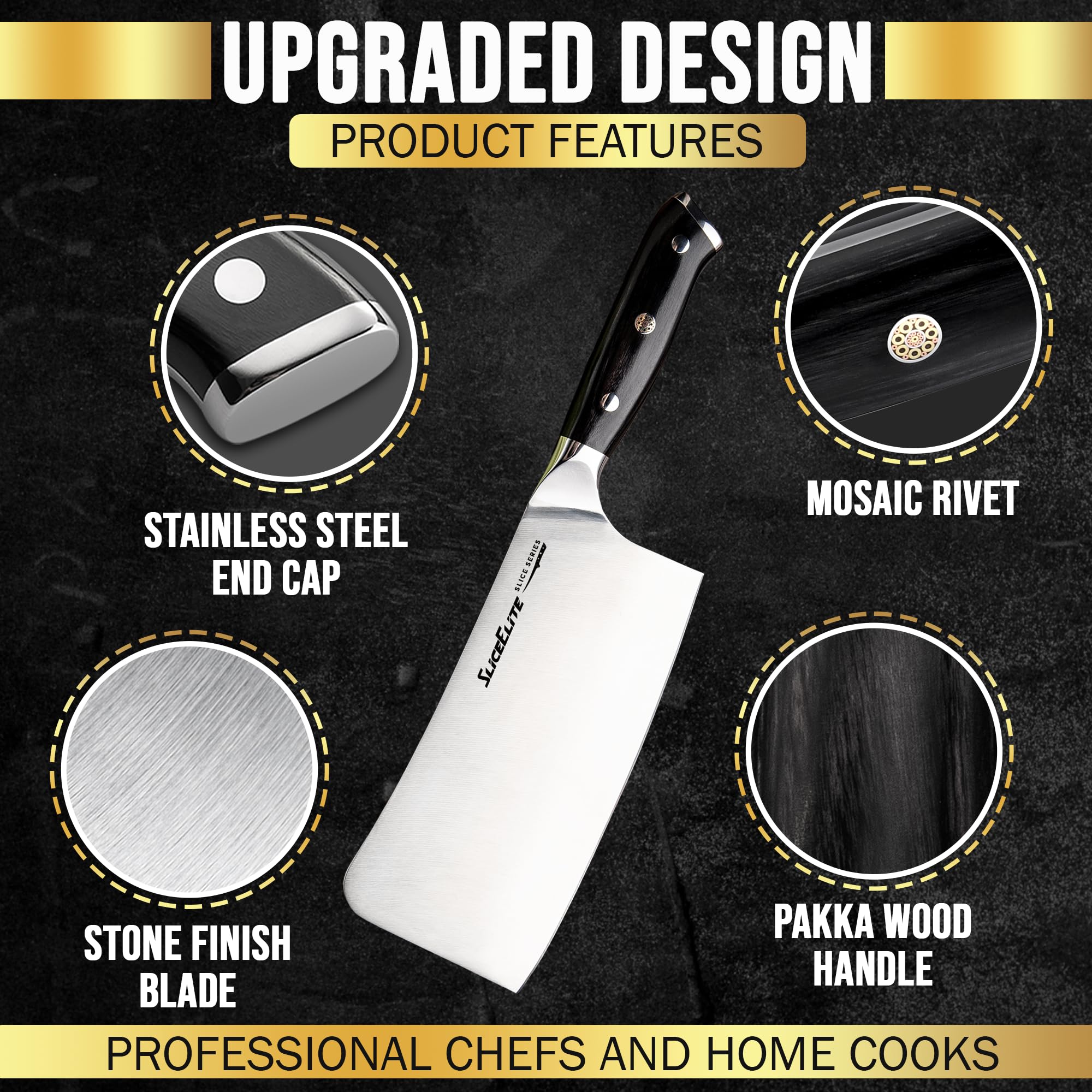 SliceElite Slice Series 7 Inch Bone Cutting knife High Carbon German Steel Blade Pakkawood Handle Dual Sheath Cleaver Chopper Butcher Tool Heavy Duty Kitchen Meat Slicer Vegetable Sharp Gift BBQ Chef