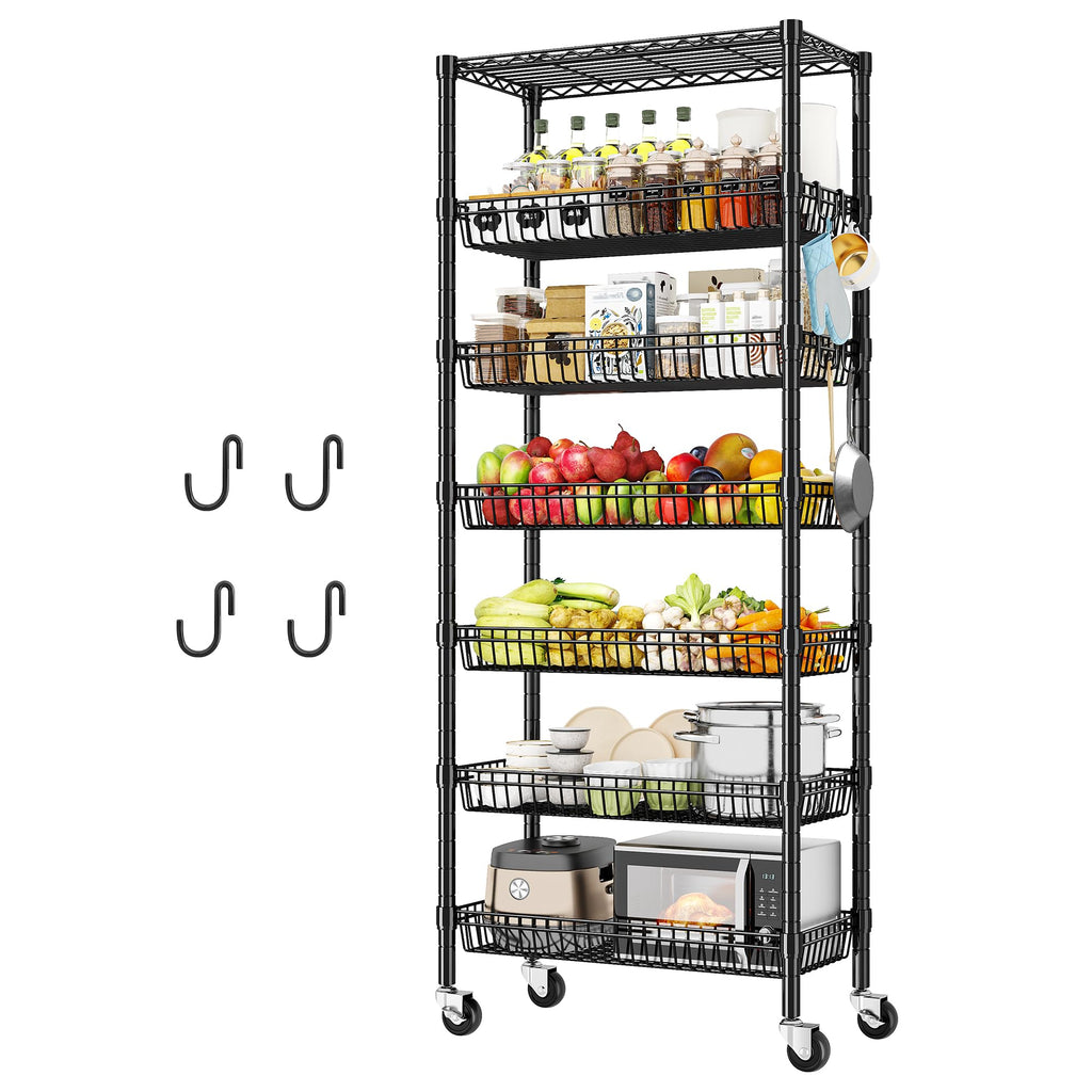 DurayLoly 7-Tier 300LBS Basket Wire Shelving Unit, Locking Wheels, Black