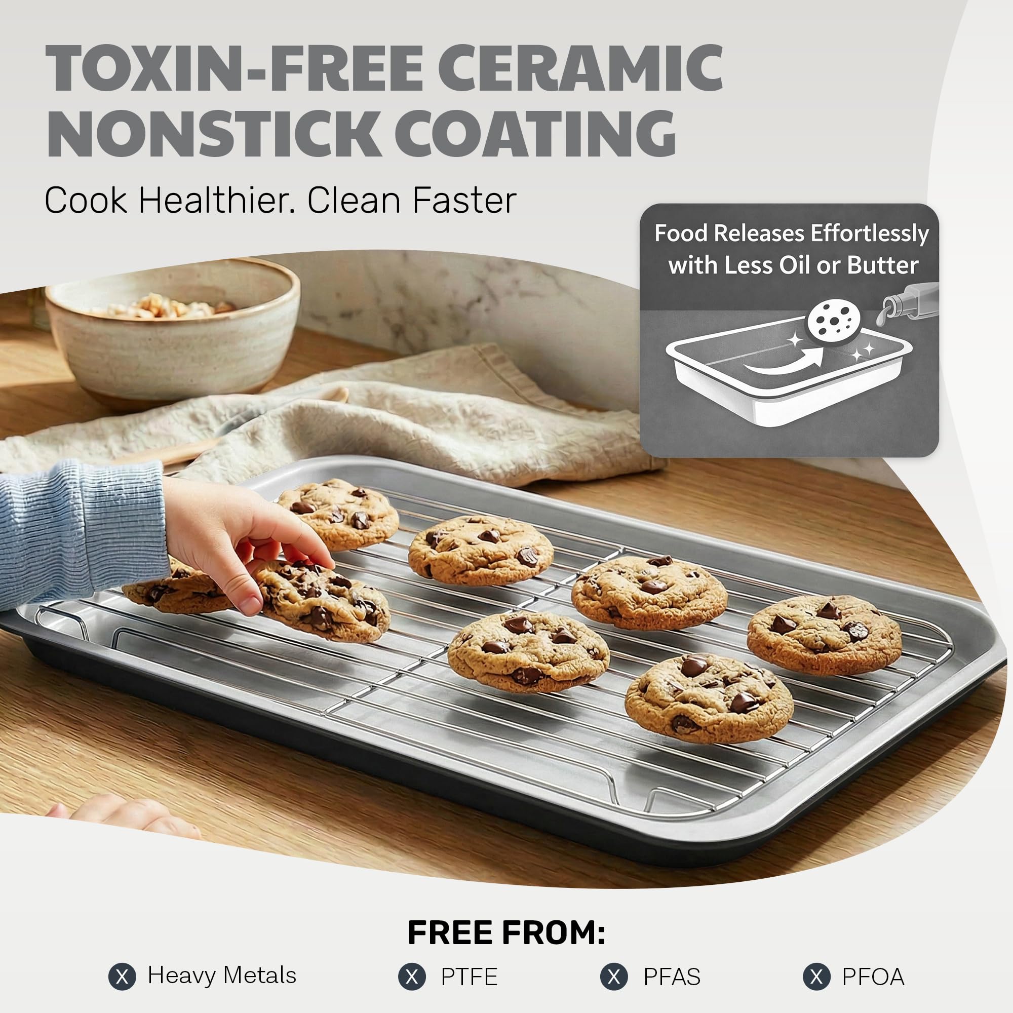 Gotham Steel 6 Pc Stackable Baking Pans Set, 70% Space Saving Design, Ceramic Bakeware Sets Non Toxic Made Without PFOA PFOS, with Cookie Sheet Tray, Cake & Muffin Pans, Oven & Dishwasher Safe