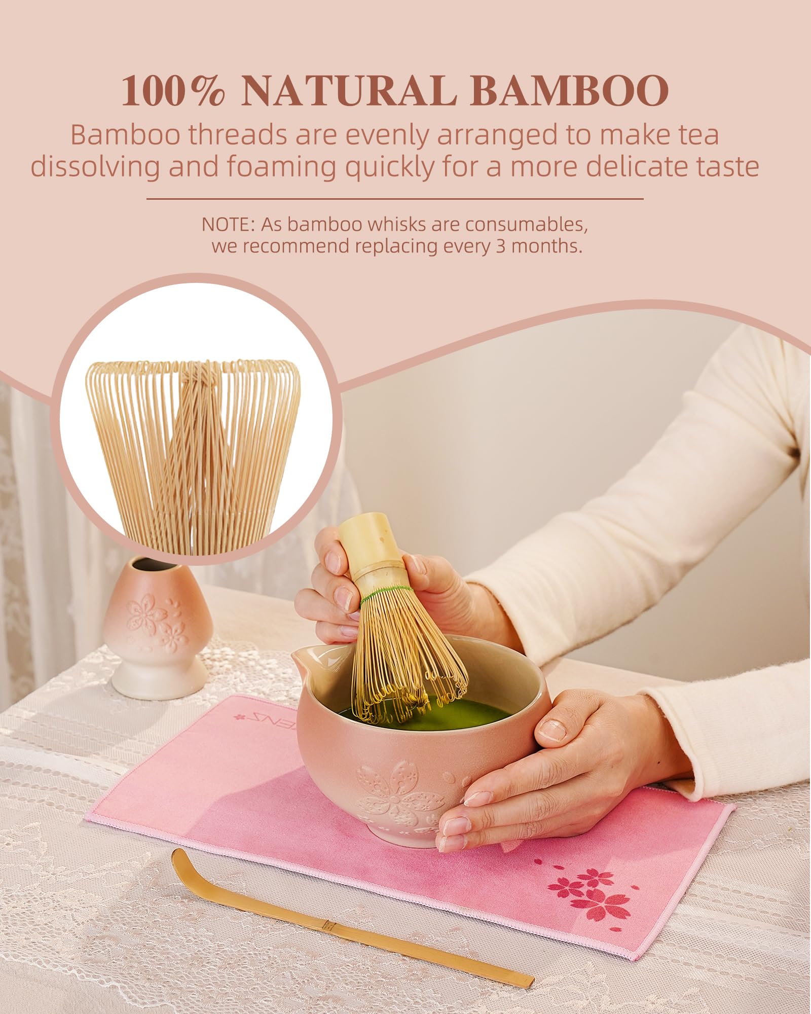 ZENS Matcha Whisk Set, 6pcs Matcha Kit Set with Matcha Bowl, Bamboo Whisk & Scoop, Chasen Holder, 304 Stainless Steel Sifter, Tea Mat for Japanese Tea Ceremony- Pale Pink