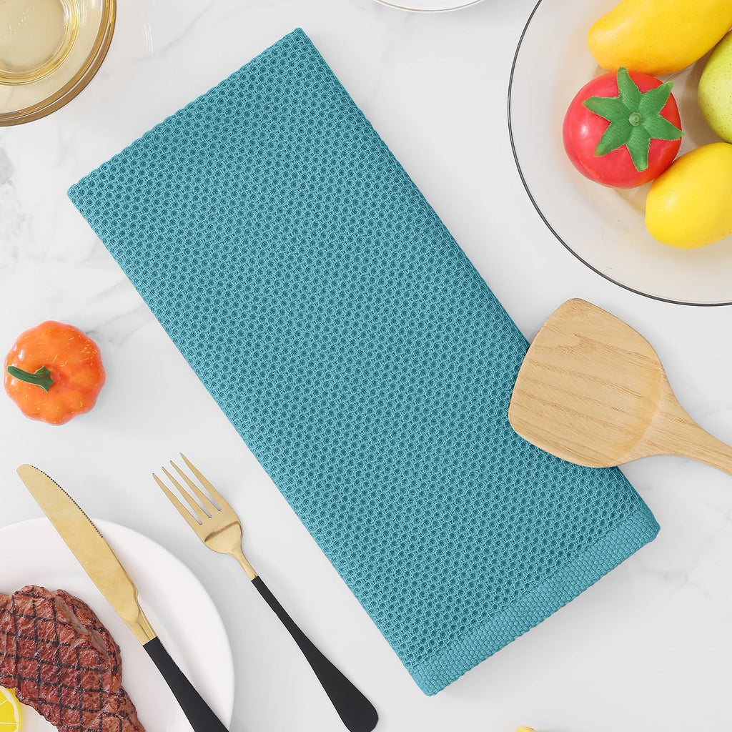 Homaxy 100% Cotton Waffle Weave Kitchen Dish Towels, Ultra Soft Absorbent Quick Drying Cleaning Towel, 13 x 28 Inches, 4-Pack, Lake Blue