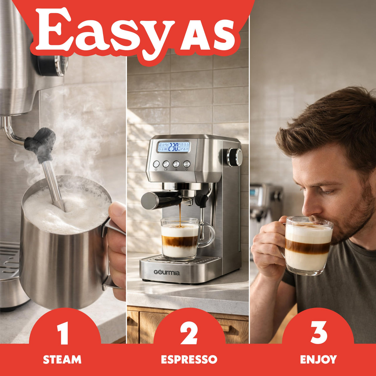 Gourmia Slim Espresso Machine with LCD Screen - Milk Frother, Adjustable Temperature, Manual & Auto Brew, Single/Double Shot, Hot Water Dispenser, Descaling Mode, Compact