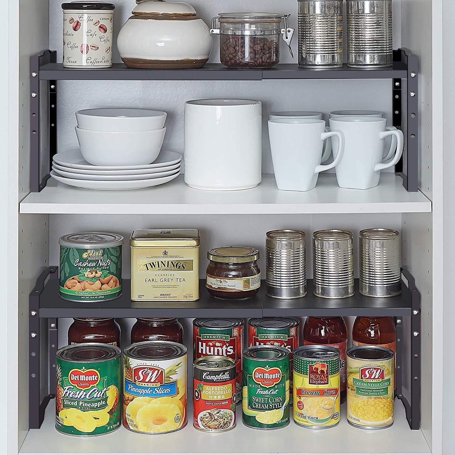 Jojocross Expandable Shelf for Cabinet Organizer Adjustable Stackable Spice Rack at Kitchen and Bathroom more, Counter Countertop Cupboard Organization Pantry Storage(MEDIUM/2PACKS/BLACK)