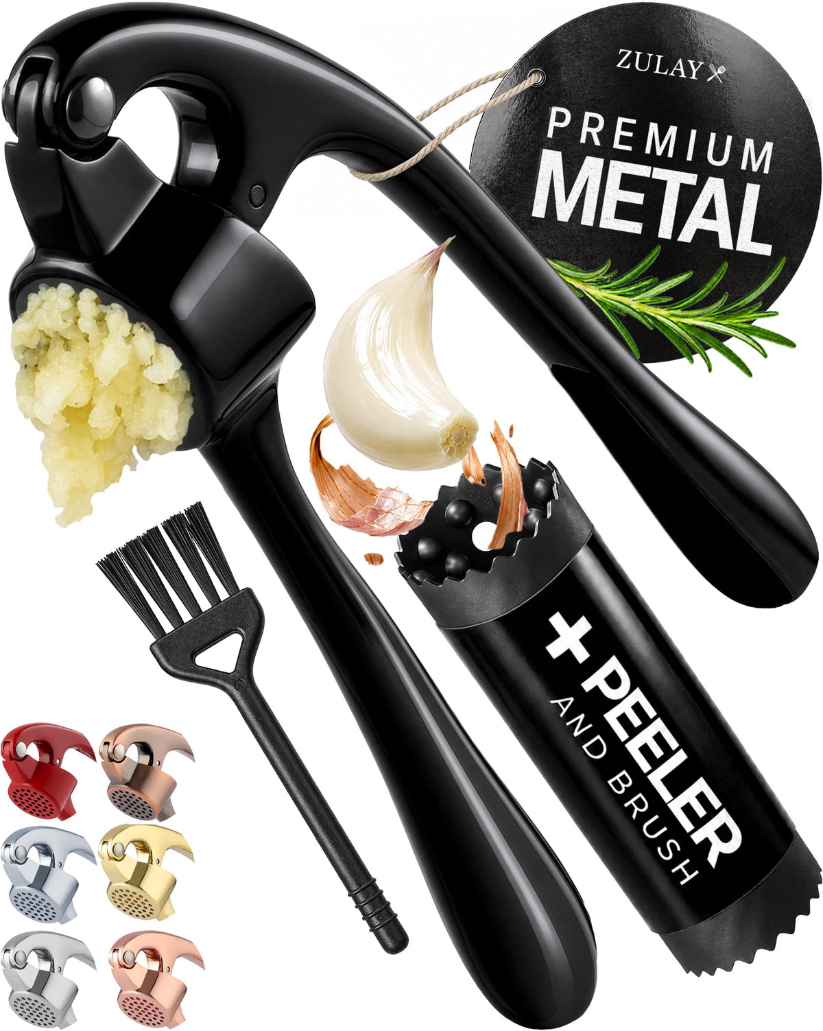 Zulay Kitchen Premium Garlic Press Set - Rust Proof Professional Garlic Mincer Tool - Easy-Squeeze, Easy-Clean with Soft Handle - Silicone Garlic Peeler & Brush (Rose Gold)