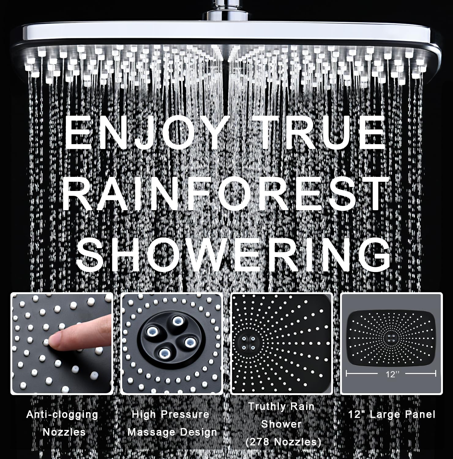 12" High Pressue Rain Shower Head with Handheld, 9 Sprays Hand Showerhead