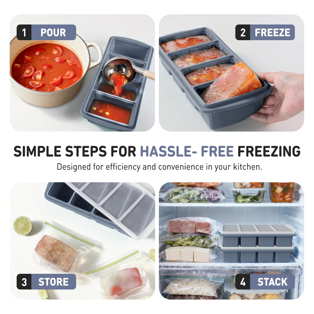 Silicone Freezer Tray with Lid Soup Freezer Container Molds with Steel Reinforced Rim Large Ice Cube Tray Makes 8 Perfect 1 Cup Portions Cubes Storage Food Ice Block Molds New Home Essentials